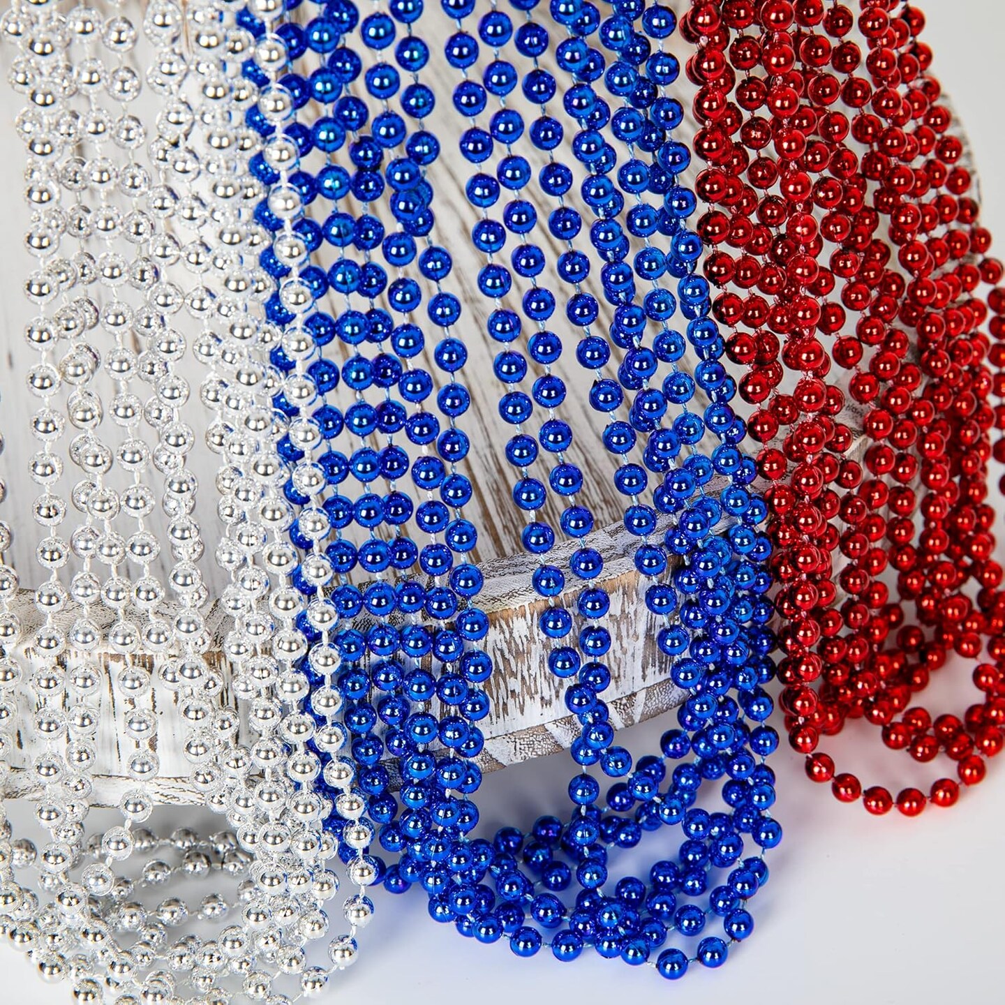4th of July Necklace Decorations, 24PCS Fourth of July Beads Party Favors Bulk, Red Blue Silver Necklace