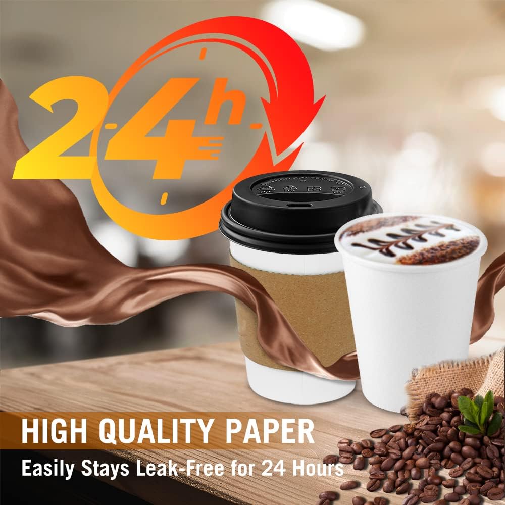 100-Pack 8 oz Thickened Disposable Coffee Cups with Lids and Sleeves, To Go Cups for Hot Beverages, Perfect for Hot Coffee, Cocoa, and Chocolate