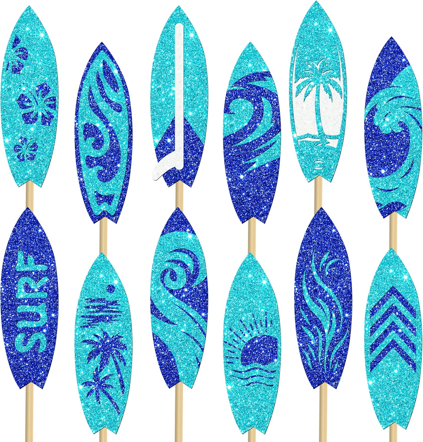 18pcs Glitter Surfboard Theme Centerpiece Sticks Summer Surfing Party Decorations Summer Beach Surf Party Table Centerpiece for Surfer Birthday Hawaii Surfing Party Supplies