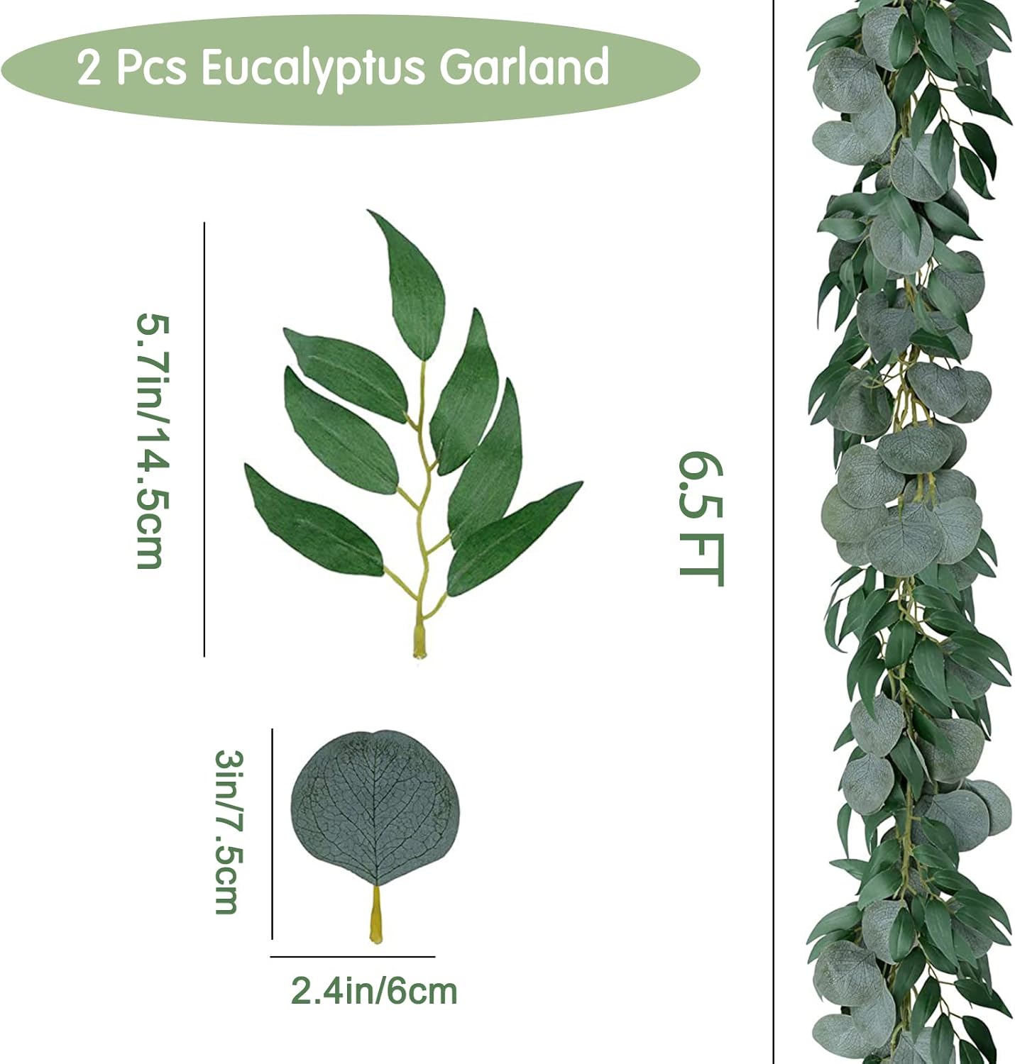 2 Pack Artificial Eucalyptus Garland 6.5 Feet Faux Greenery Garland for Wedding Mantle Table Runner Baby Shower Decor