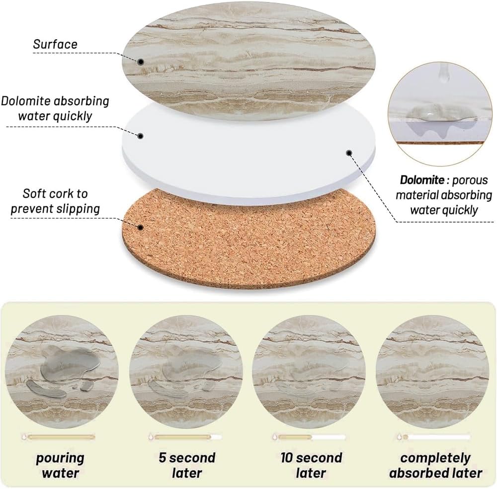 Ceramic Coasters Set of 6, Marble-Textured Design with Holder - Absorbent Cork-Backed Coasters for Cups, Bar &#x26; Coffee Table Decor Accessories (Khaki Marble, 6 Pack)