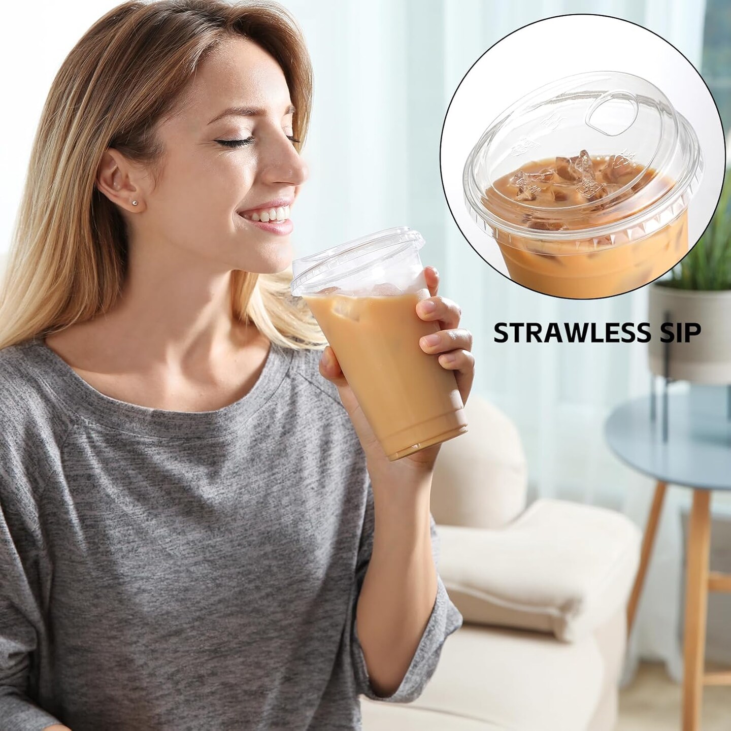 100 Pack 20 oz Plastic Cups With Strawless Sip-Lids, Iced Coffee Cups With Lid BPA Free, Disposable Clear Cup with Lid, To Go Cup for Smoothies, Party Drinks, Bubble Tea, Cold Beverage