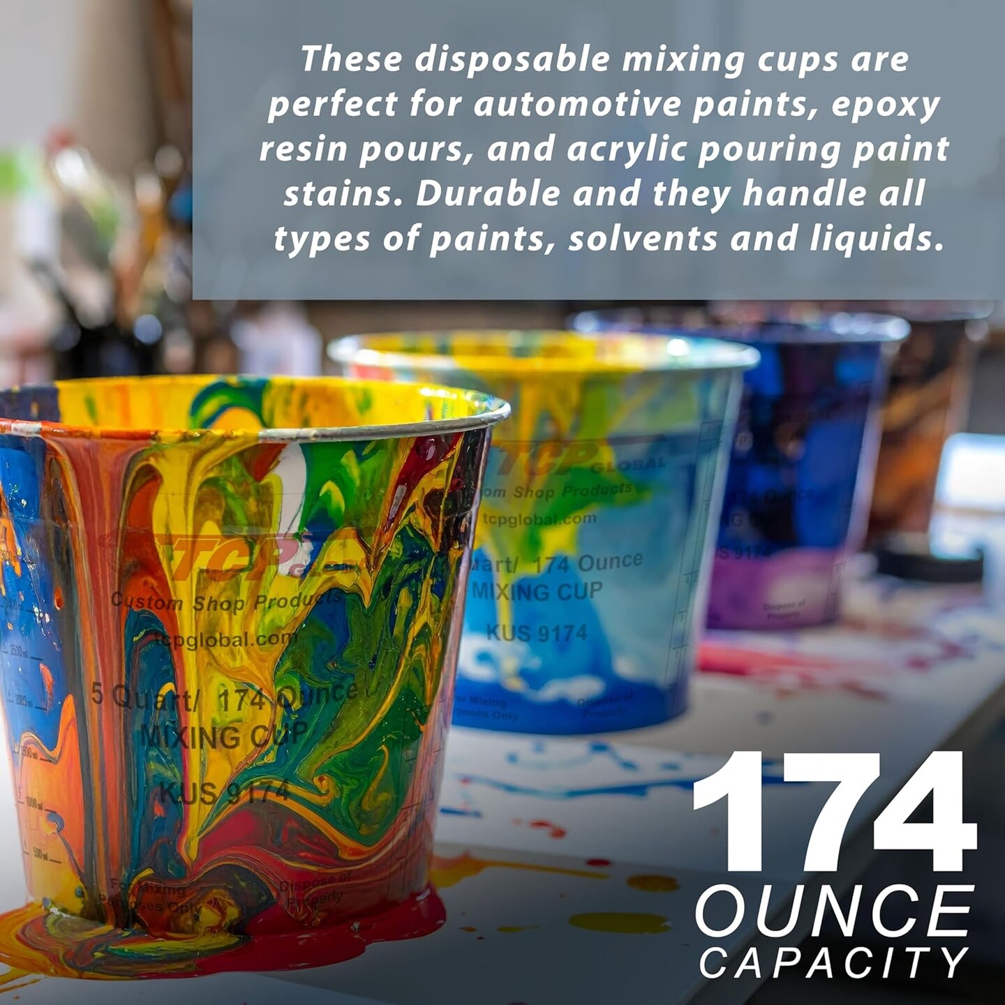 Paint Mixing Cups Plastic Measuring Cup Buckets Epoxy Resin, Disposable or Reusable, 174-Ounce (5-Quart) - Pack of 48 - Graduated, Mixing Ratios, Automotive Painting Art Crafts Kitchen