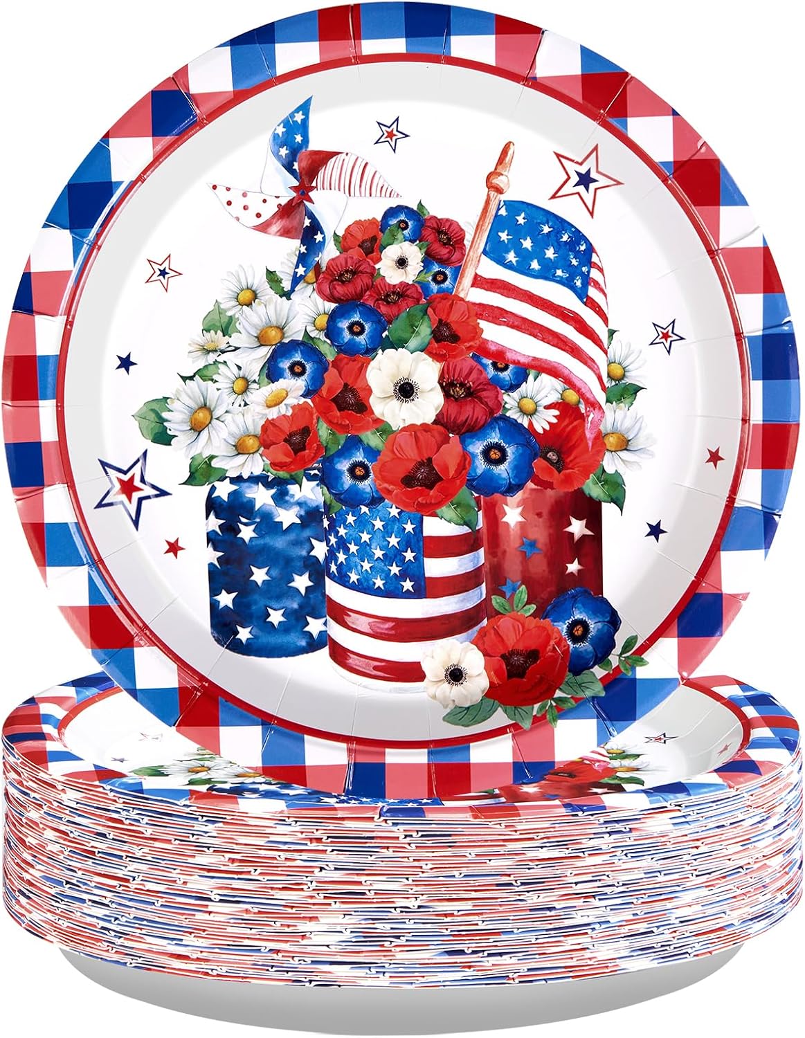 50Pcs 4th of July Flower Memorial Day Plates 10" Buffalo Plaid Vases Flowers Patriotic Plates Disposable American Flag Tableware for 4th of July Independence Day Veterans Day Party Decor