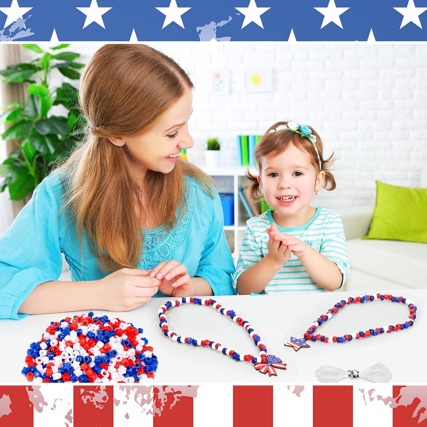 24 Set 4th of July Patriotic Craft Kits Independence Day Necklace Craft with Red White Blue Pony Beads Star Beads Wooden Pendants