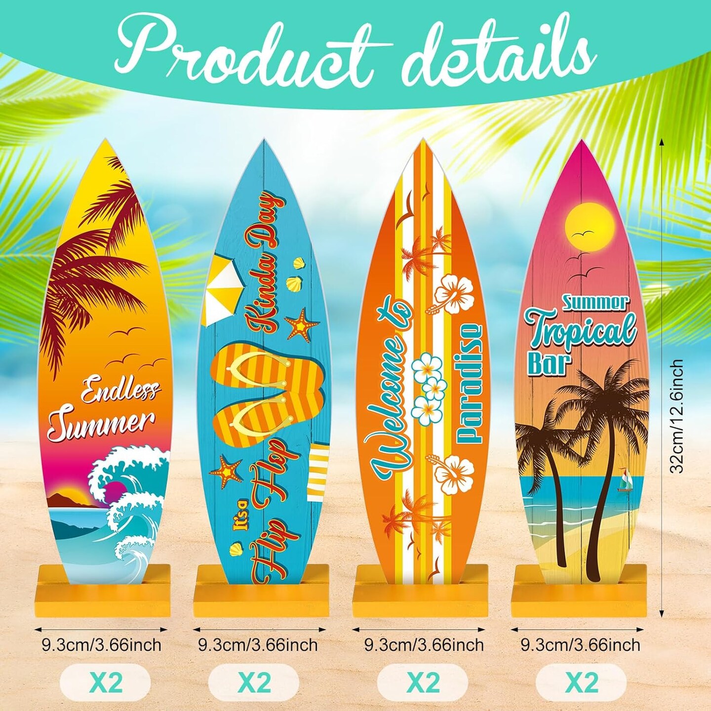 8 Pcs Surfboard Table Centerpieces - 12.6x3.66 Inch Wooden Beach Signs - "Welcome to Paradise" and "Endless Summer" Tropical Tiki Bar Table Decorations for Hawaiian Luau and Surf Theme Party Decor