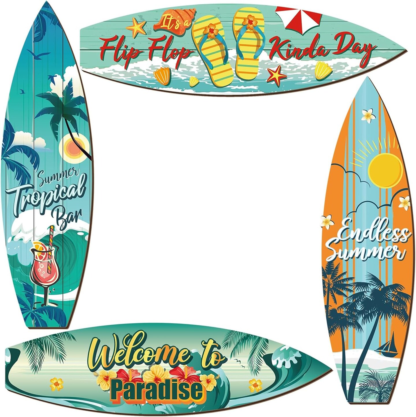 4 Pcs Summer Surfboard Decor Hawaiian Wooden Beach Wall Decor Tiki Tropical Bar Decorations Surfboard Wall Hanging Sign for Home Aloha Birthday Party(Summer,15.75 x 4.41 x 0.2 Inch)