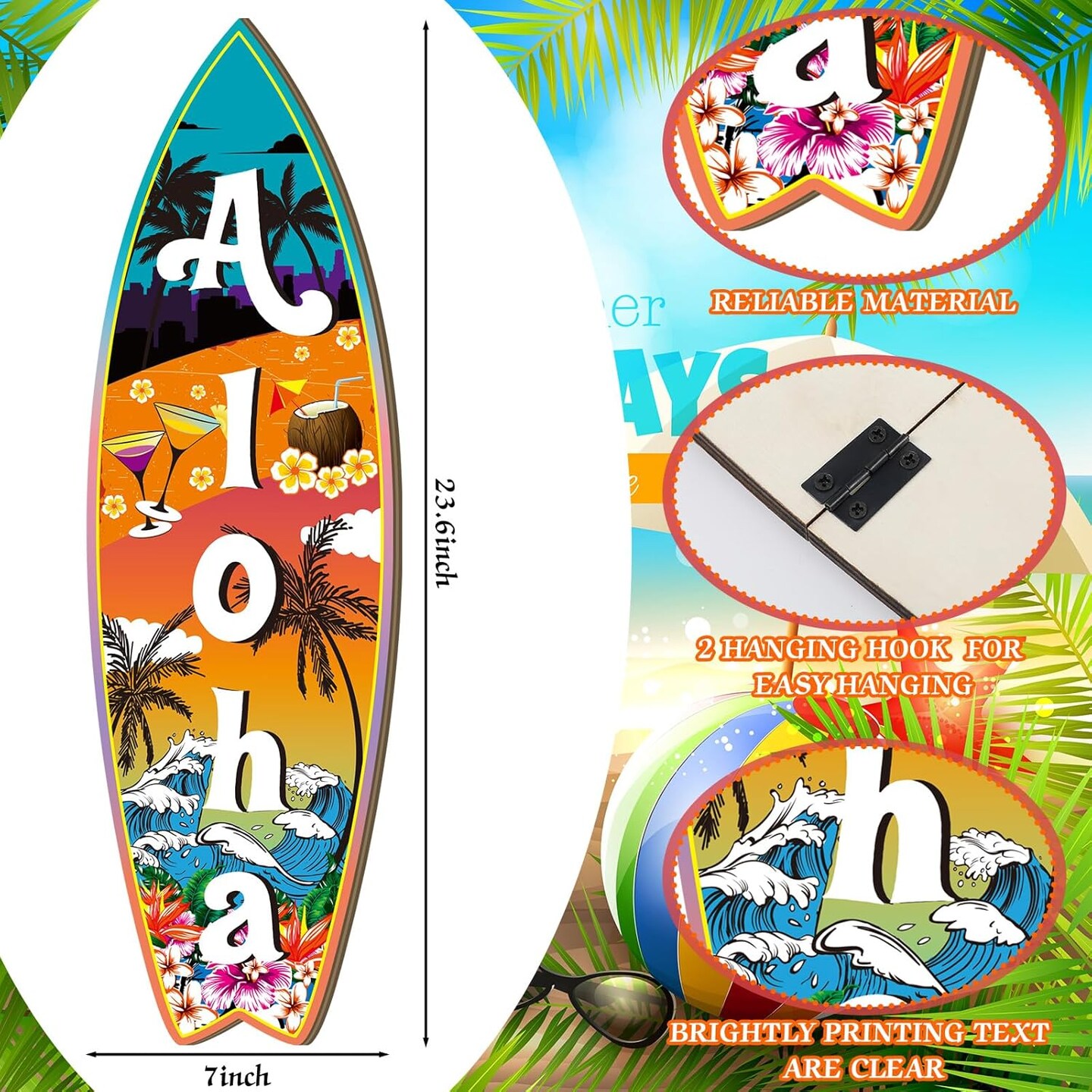 4 Pcs Summer Giant Surfboard Wall Decor Large Wooden Beach Surfboard Wall Hanging Sign Wood Surf Boards for Decorating Foldable Tropical Wall Decor for Bedroom Home Bar Party