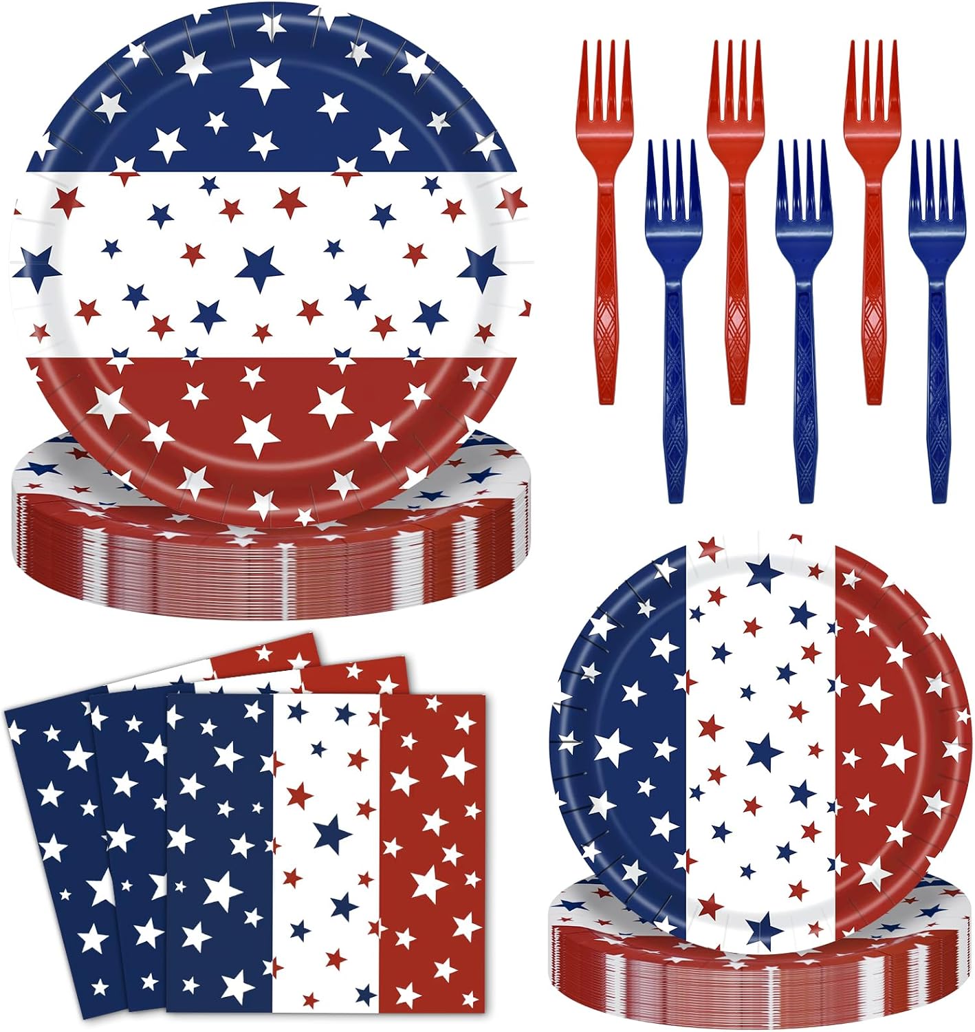 96 Pcs Patriotic Plates and Napkins Set - Serves 24, Red White & Blue Star Stripes Disposable Tableware with Forks for 4th of July, Memorial Day & 250th American Anniversary Party Supplies
