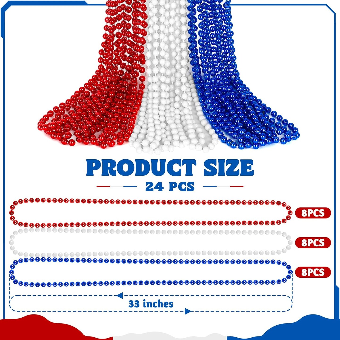 24 PCS Fourth of July Beaded Necklaces, 33" Red White Beads Necklaces Bulk, Independence Day Beads, Patriotic Parade Throw Accessories Set for 4th of July Party Decorations Favors Supplies