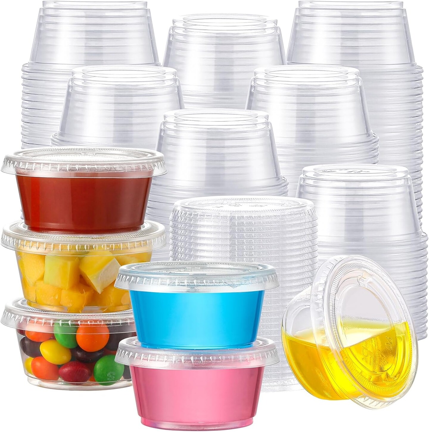 120 Sets - 2 oz Shot Cups with Lids, Airtight Portion Cups, Stackable Small Plastic Containers with Lids
