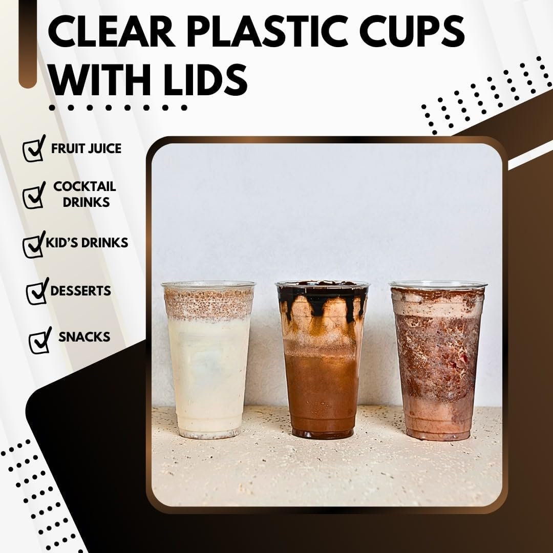 Disposable Cups With Lids | Clear Plastic Cups With Lids | Iced Coffee Cups For Bubble Boba Tea | Cup and Flat Lid For Cold Drinking &#x26; Smoothie 50 Sets