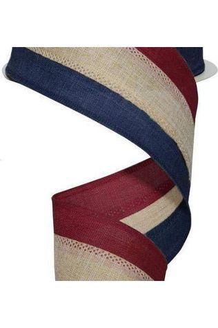 2.5&#x22; Faux Burlap Striped Ribbon: Burgundy, Beige, Navy (10 Yards)