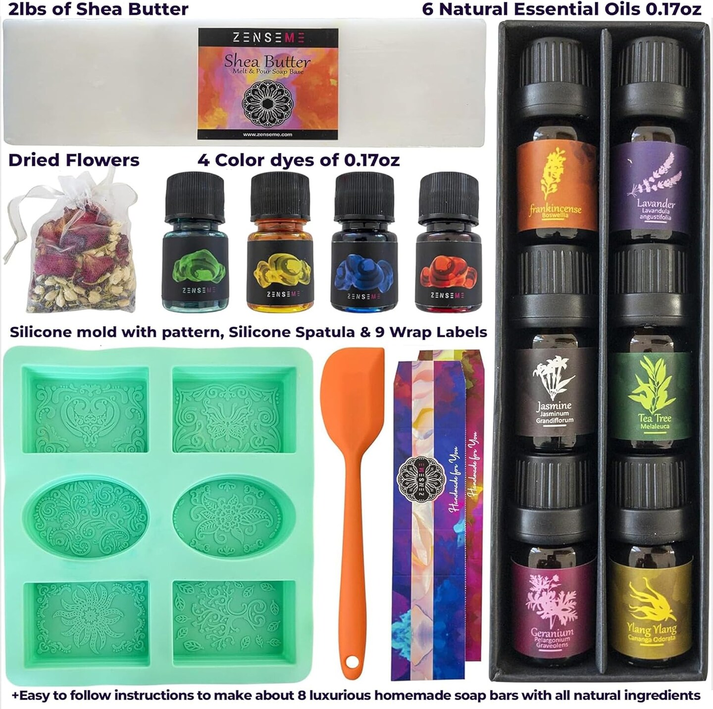 Soap Making Kit for Adults, Make Your Own Soap with Melt and Pour diy Natural Soap supplies; 6 Essential Oils, Silicone Soap Mold, Spoon, Dried Flowers, 2lbs. Shea Butter Soap Base, 4 Colors, 9 Labels