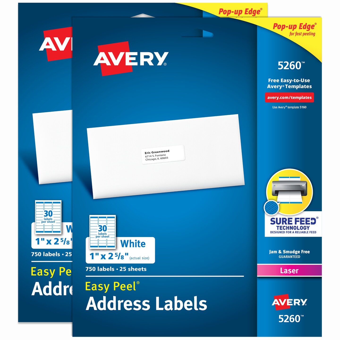Avery Easy Peel Printable Address Labels with Sure Feed, 1" x 2-5/8" Customizable Stickers, White, 1,500 Blank Mailing Labels, Great for Mailing, Shipping, and More (2-Pack of 5260)