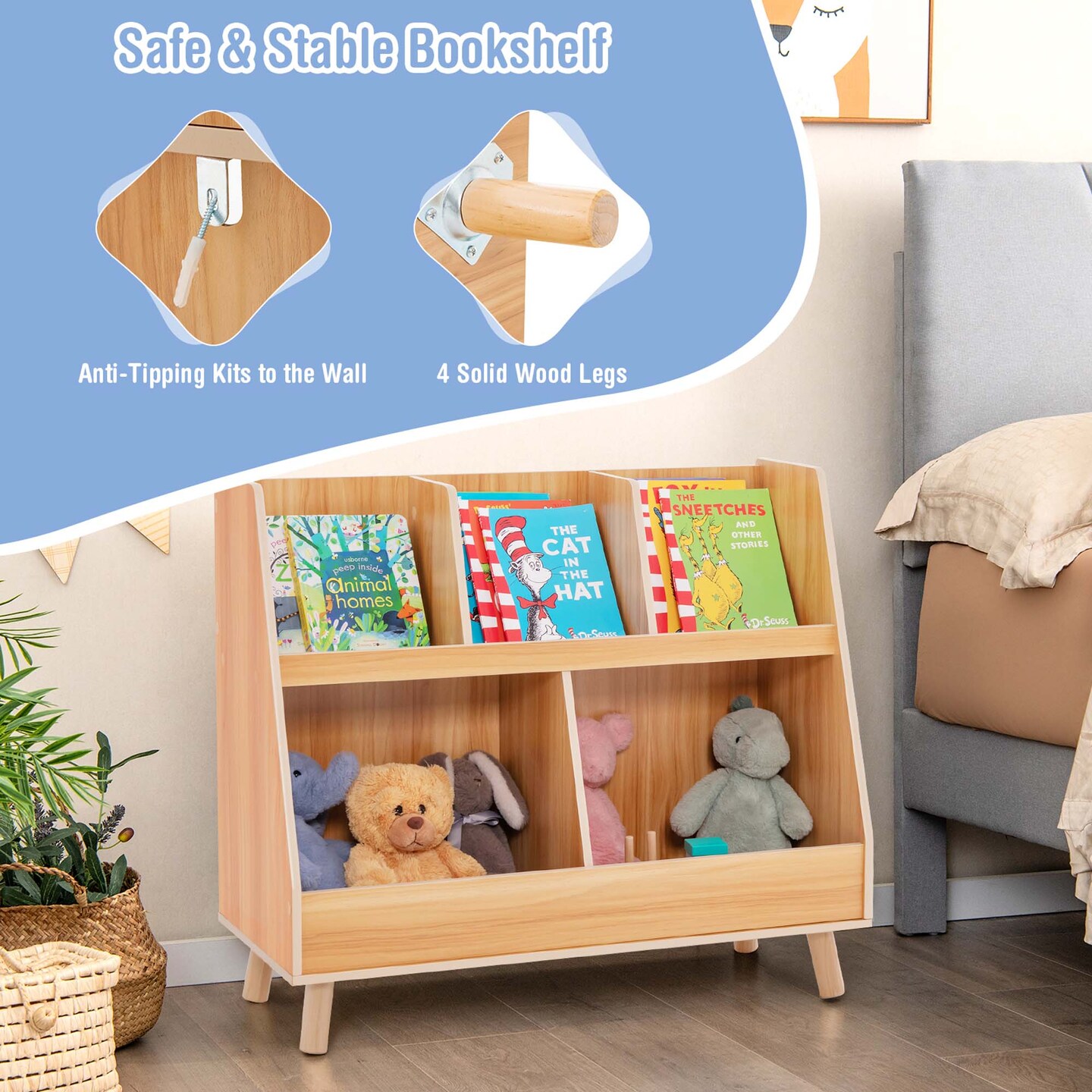 Costway 5-Cube Kids Bookshelf and Toy Organizer Wooden Storage Bookcase with Wood Legs Natural/White/Beige