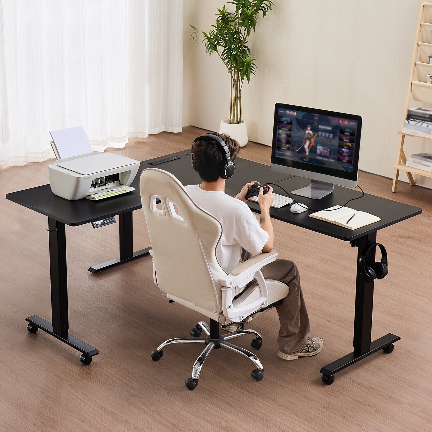 Electric Adjustable L Shaped Desk with Power Strip for Home Office