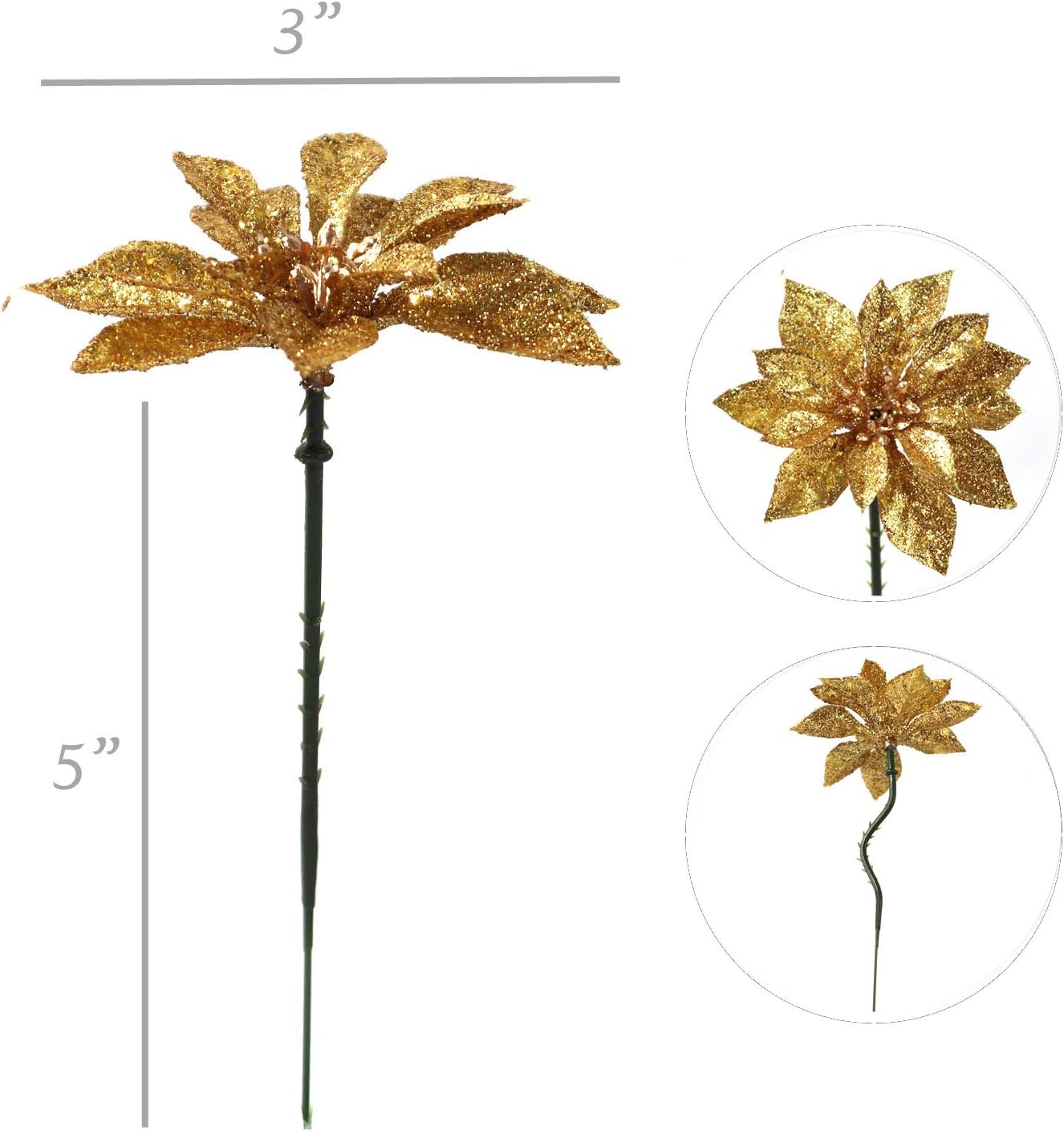 Set of 48 - Gold Glitter Poinsettia Picks, 4-Inch - Christmas Festive Holiday Decor, Perfect for Trees &#x26; Wreaths - 2024 Christmas Collection, Floral Home by Artificial Flowers