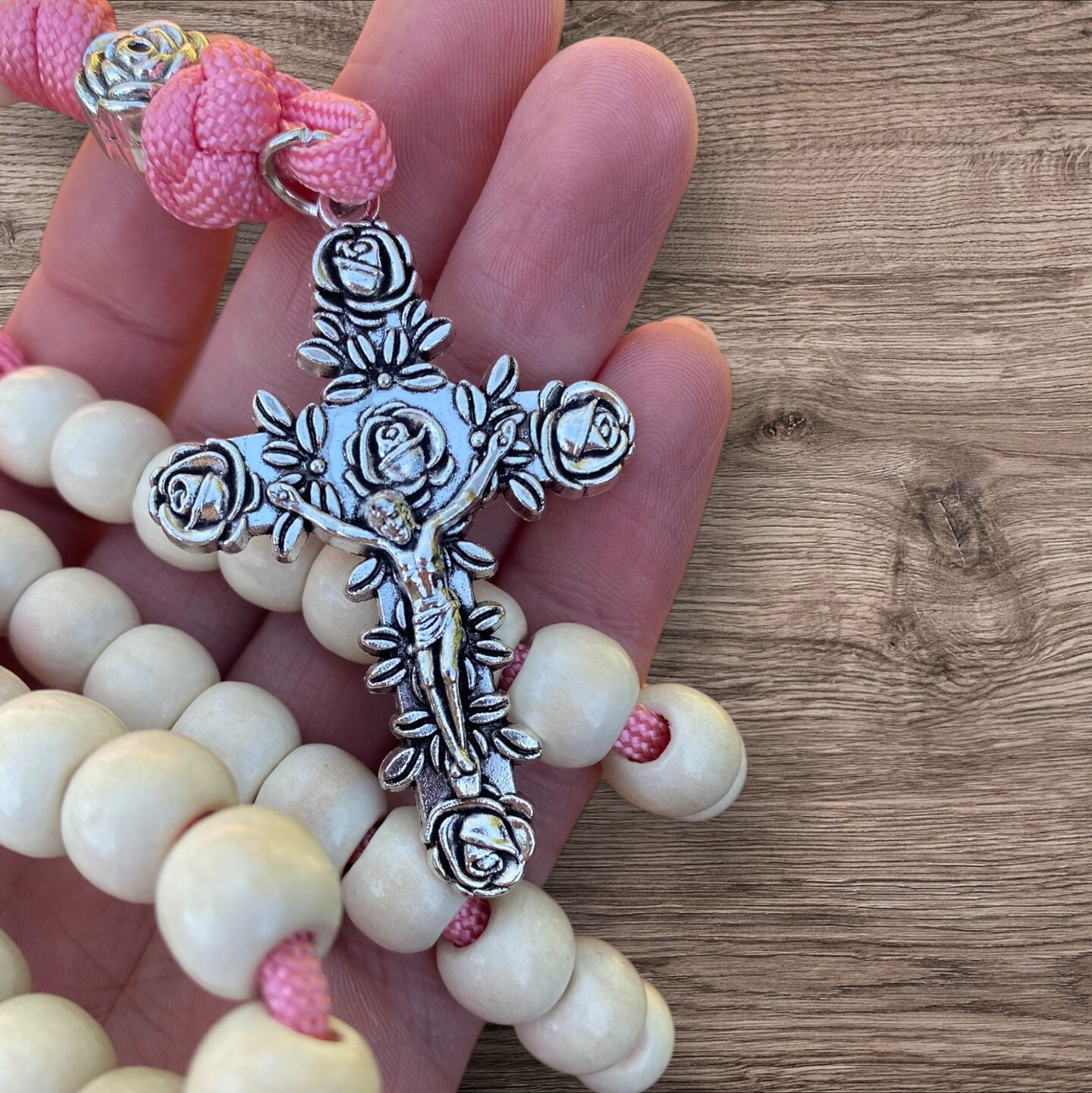 St Therese Paracord Rosary, Rose Crucifix, Pink Paracord Rose