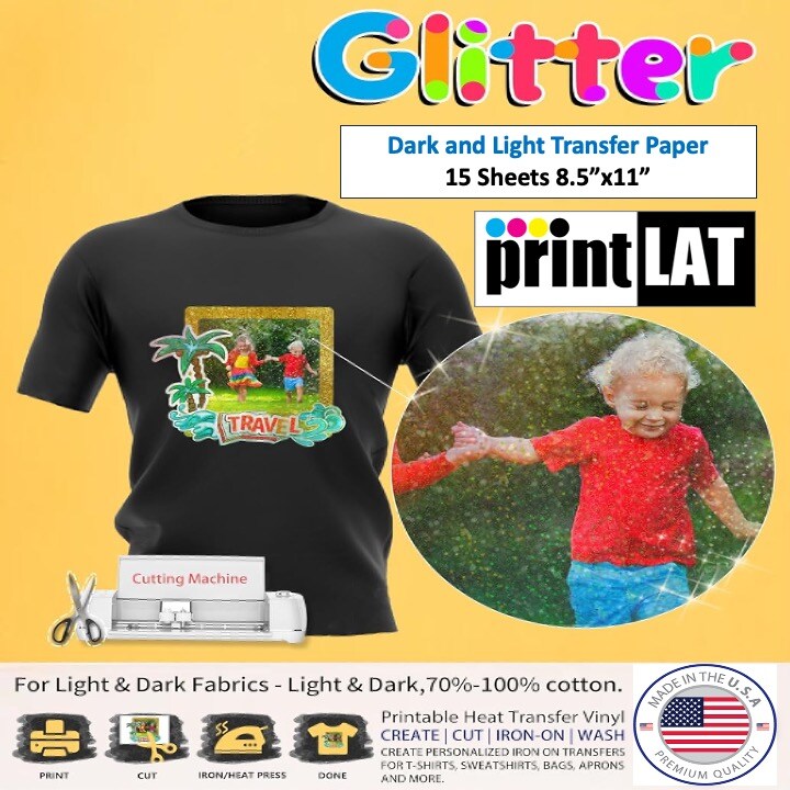 Papel Transfer Ink Jet GLITTER for Dark & Light Fabrics Sheets 8.5"x11"