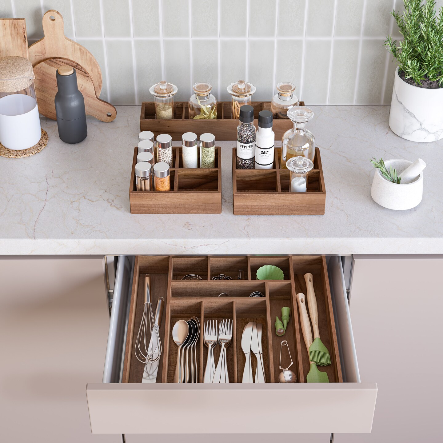 Seville Classics 4-Piece Acacia Expandable Drawer Organizer and Box Set