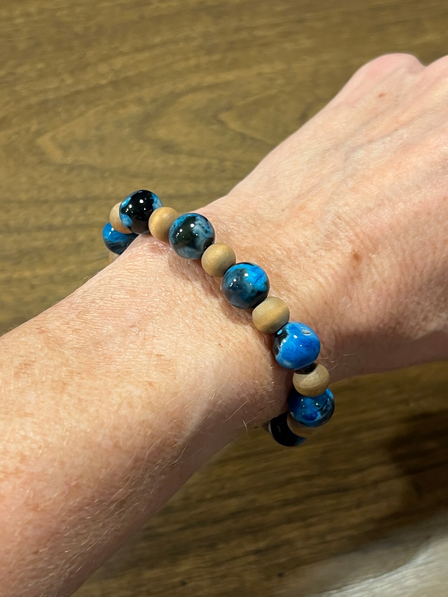 Blue Marble and Wood Bead Stretch Bracelet product 2