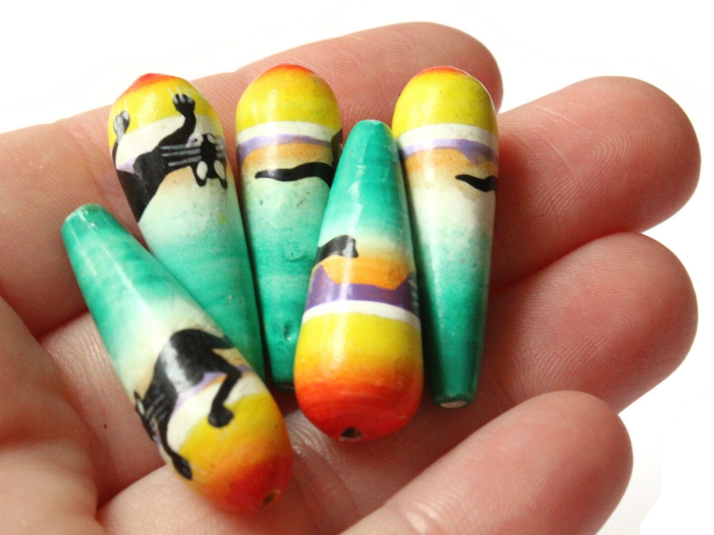 5 32mm Vintage Painted Clay Multicolor Teardrop Cat Peruvian Beads