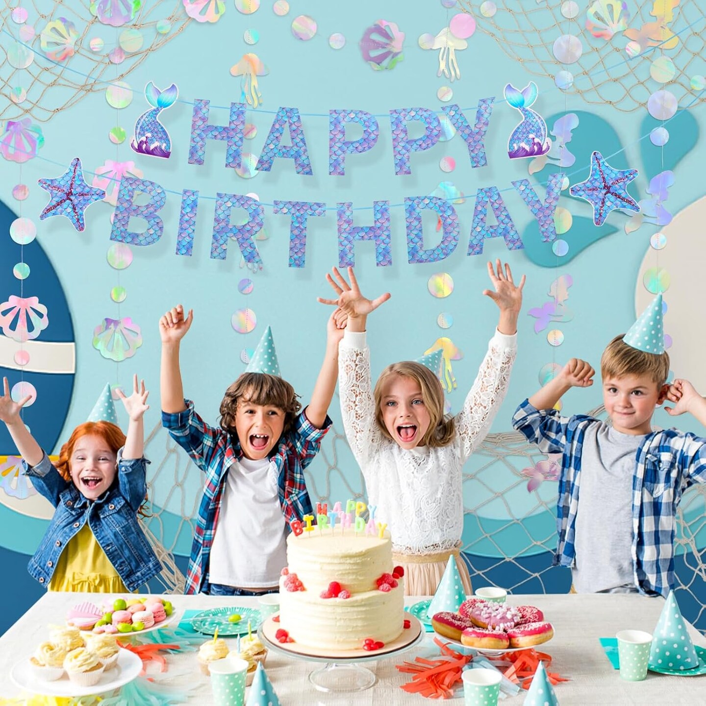 Natural Fish Net with Fringe Curtain and Bubble Garlands