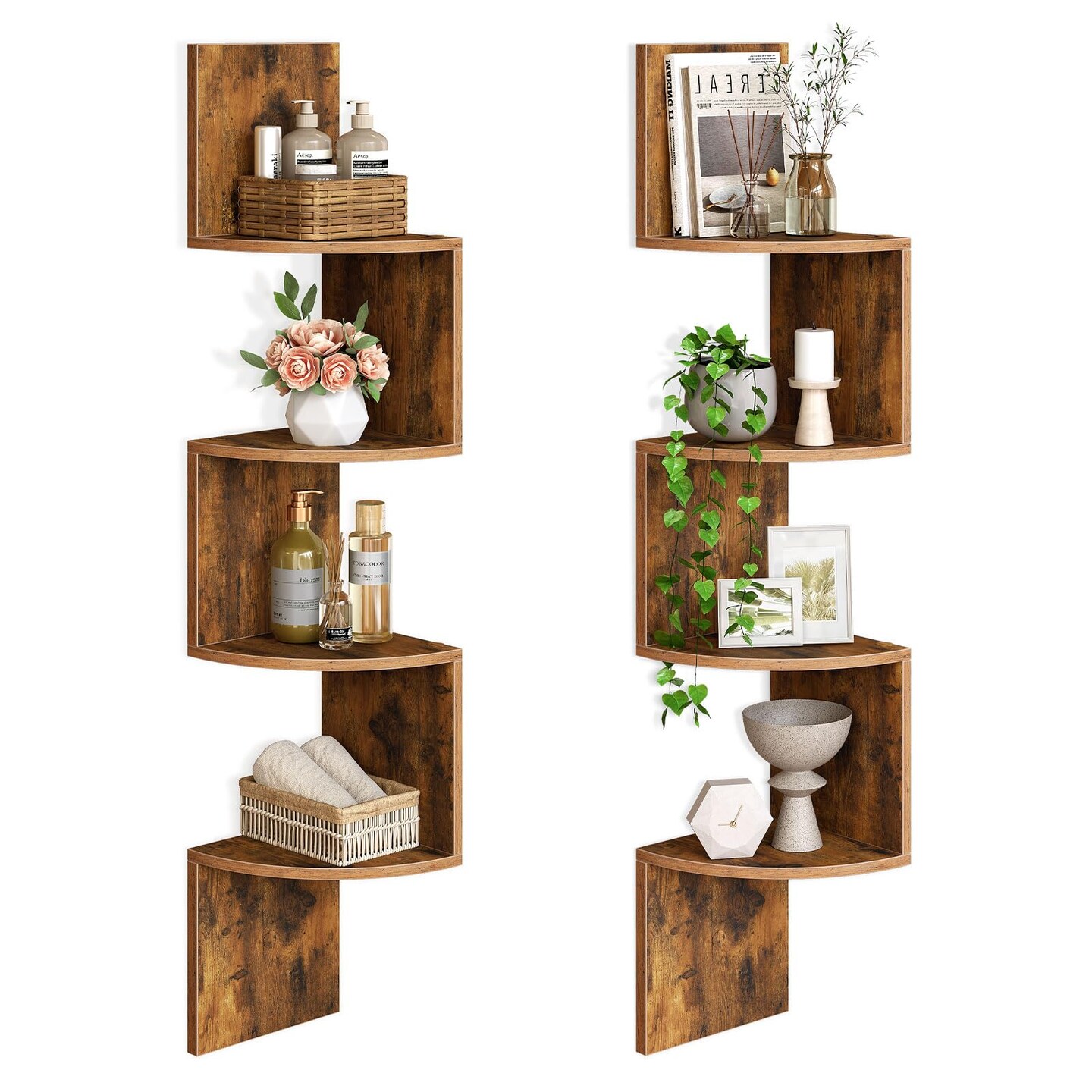 2 Piece Brown Particleboard Wall-Mounted Corner Shelf 4-Tier Set with Z-Design