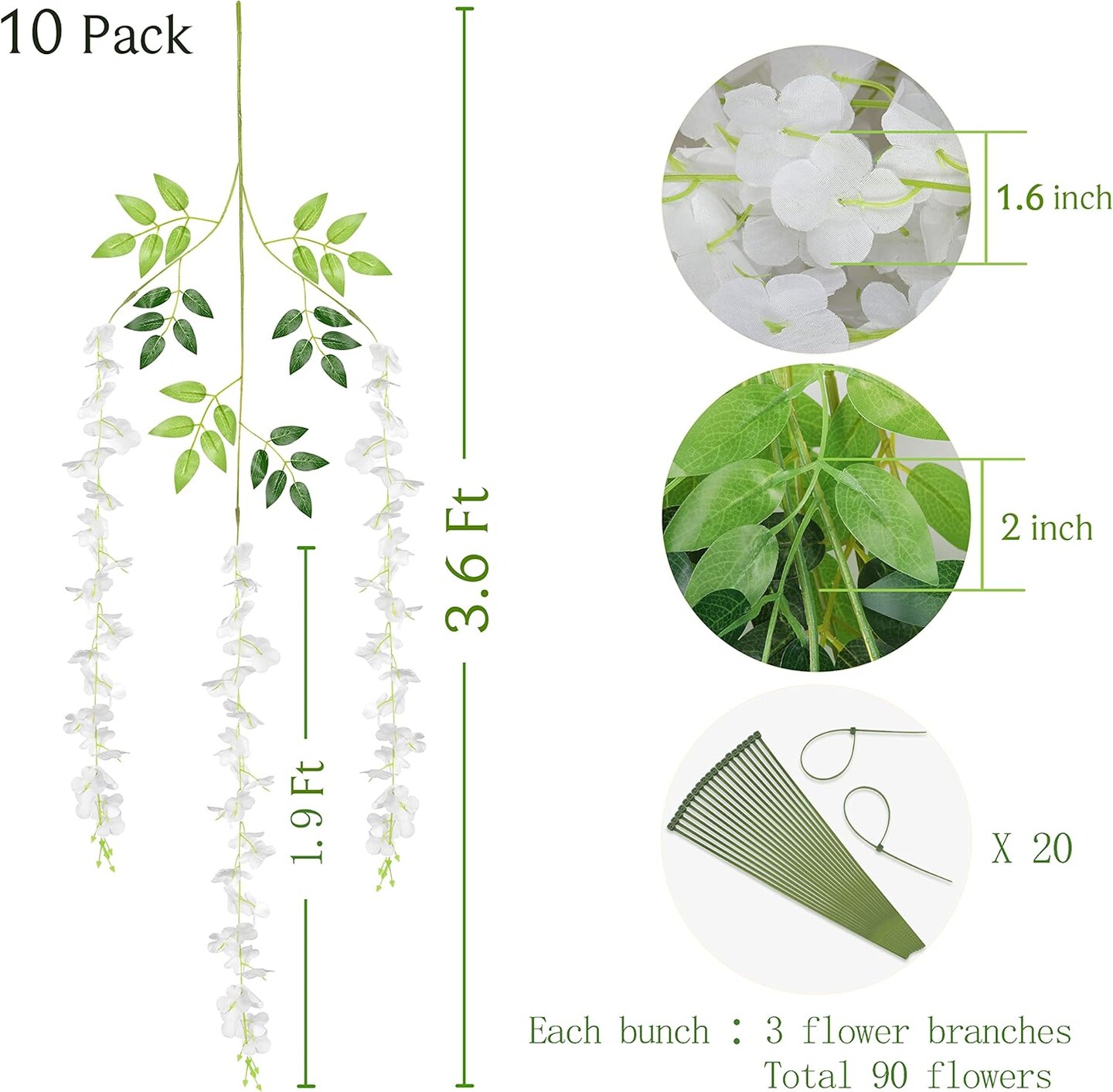 10Pcs White Fake Wisteria Hanging Flowers, 3.6Ft/Pcs Artificial Wisteria Garland