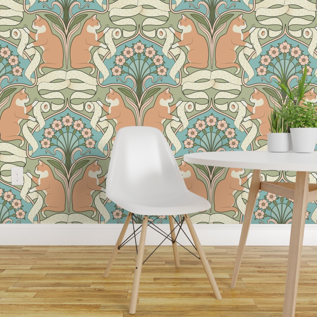 Pre-Pasted Wallpaper 2FT Wide Whimsical Art Nouveau Deco Cat Toilet Paper Novelty Funny Floral Bathroom Modern Green Lover Lady Large Scale Bohemian Eclectic Antique Custom Pre-pasted Wallpaper by Spoonflower