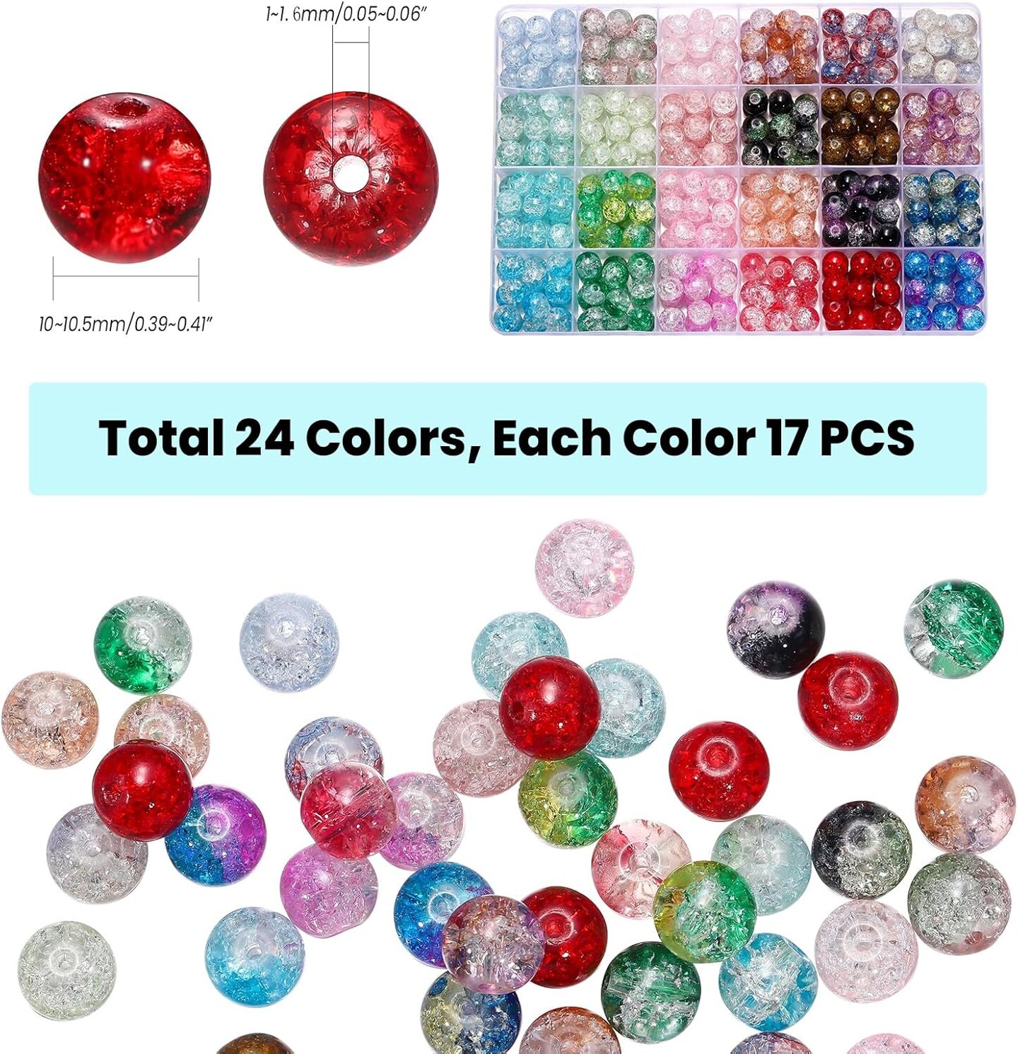 408 Pcs 10mm Crackle Glass Beads for Jewelry Making Crafts DIY, 24 Colors