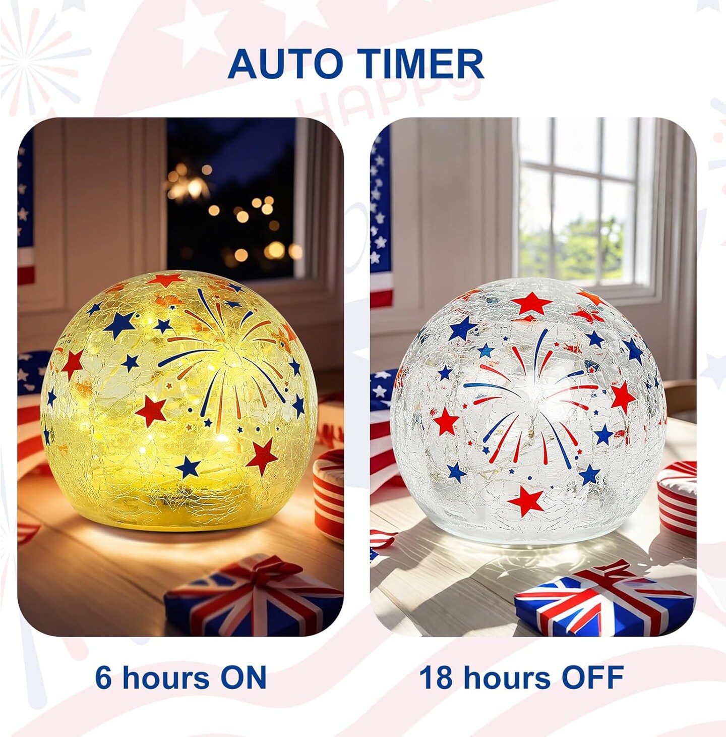 4th of July Decorations - Crackle Glass Ball Light with Timer - Red White Blue LED Tabletop Decor