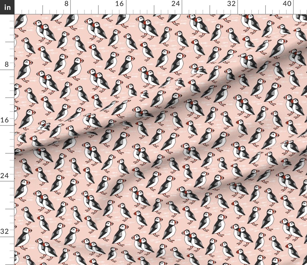 Puffin Puffins Fish Birds Winter Blush Custom Printed Fabric by Spoonflower Various Fabrics by the Yard or Fat Quarter