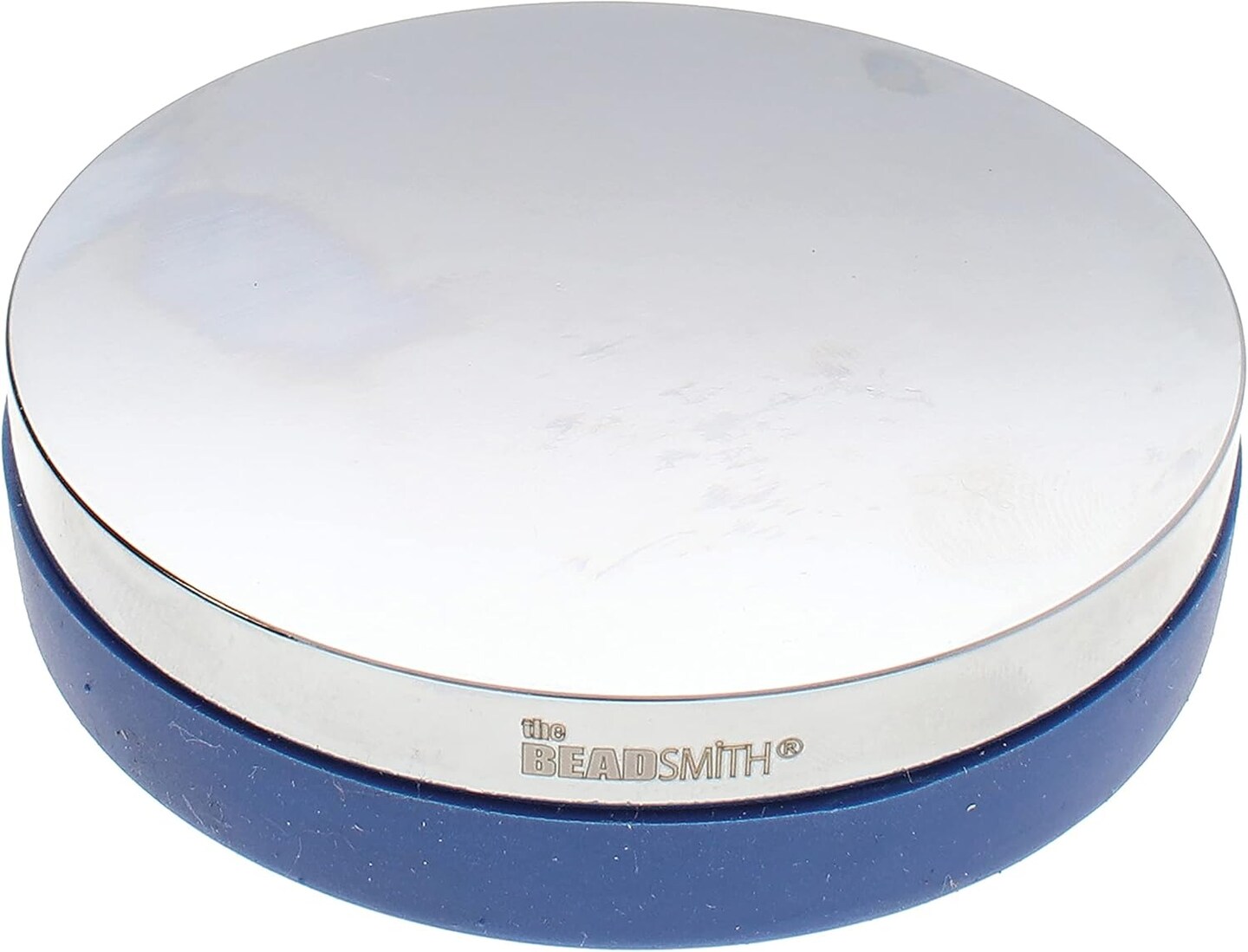 The Beadsmith Steel Bench Block – Metal Elements - Chrome Plated Mirror Finish - Soft Plastic Base to Reduce Noise & Rebound Force - Metal Bench Block for Jewelry & Stamping - 3” diameter, 3/4” high