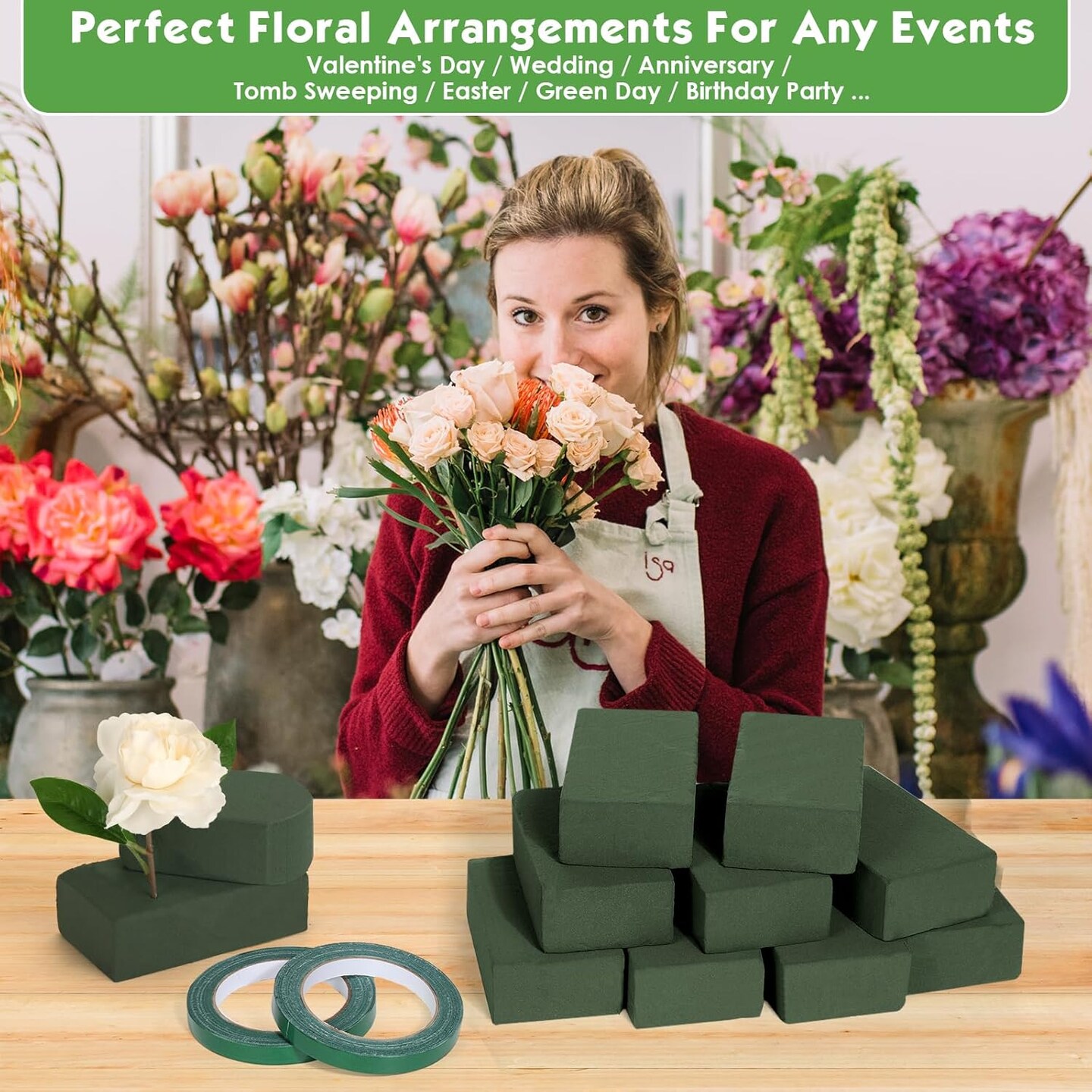 10 Pcs Green Floral Foam Blocks with 2 Rolls
