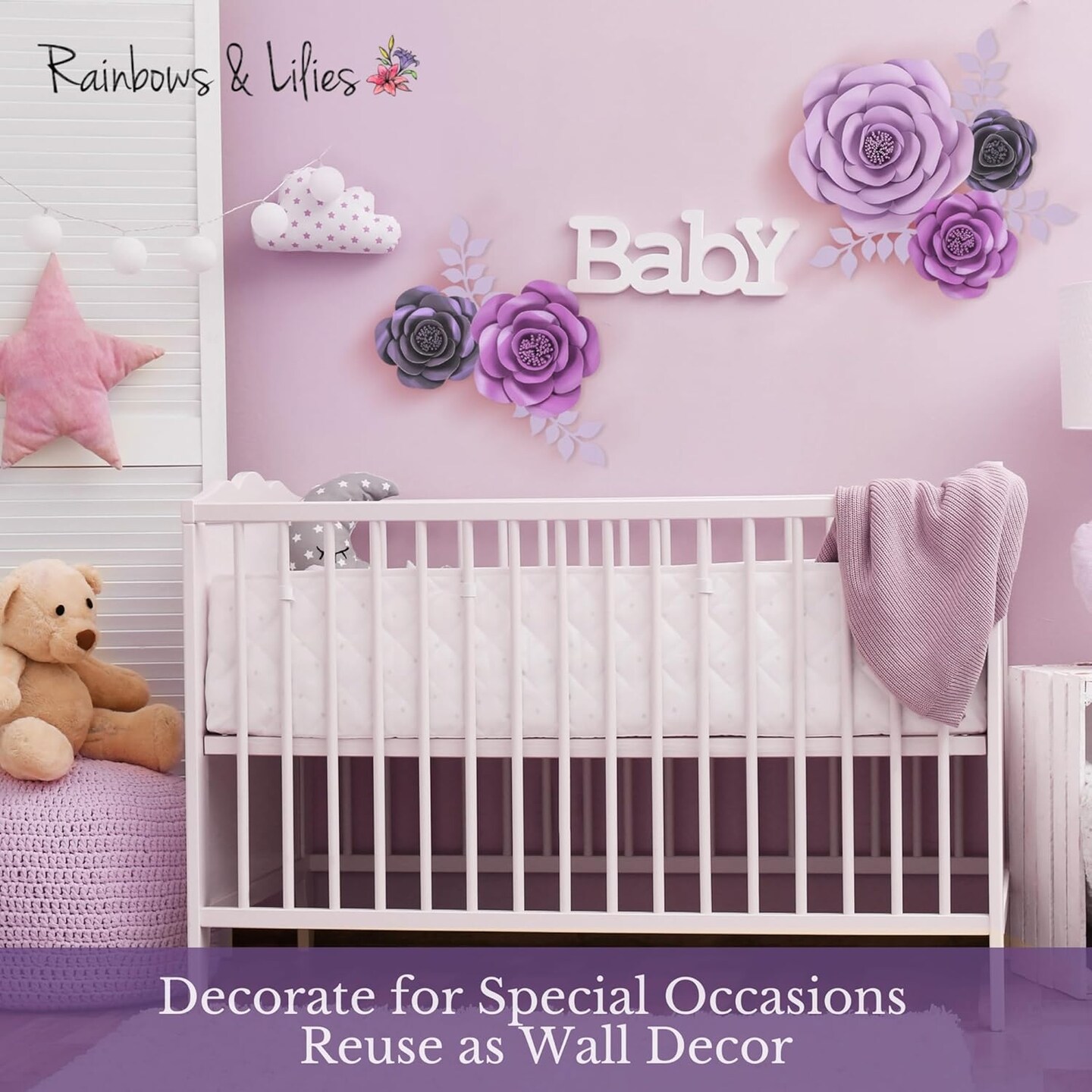 Large Paper Flowers Decorations for Wall, Wedding, Bridal Party,10pc Rose 3D Purple Wall Décor