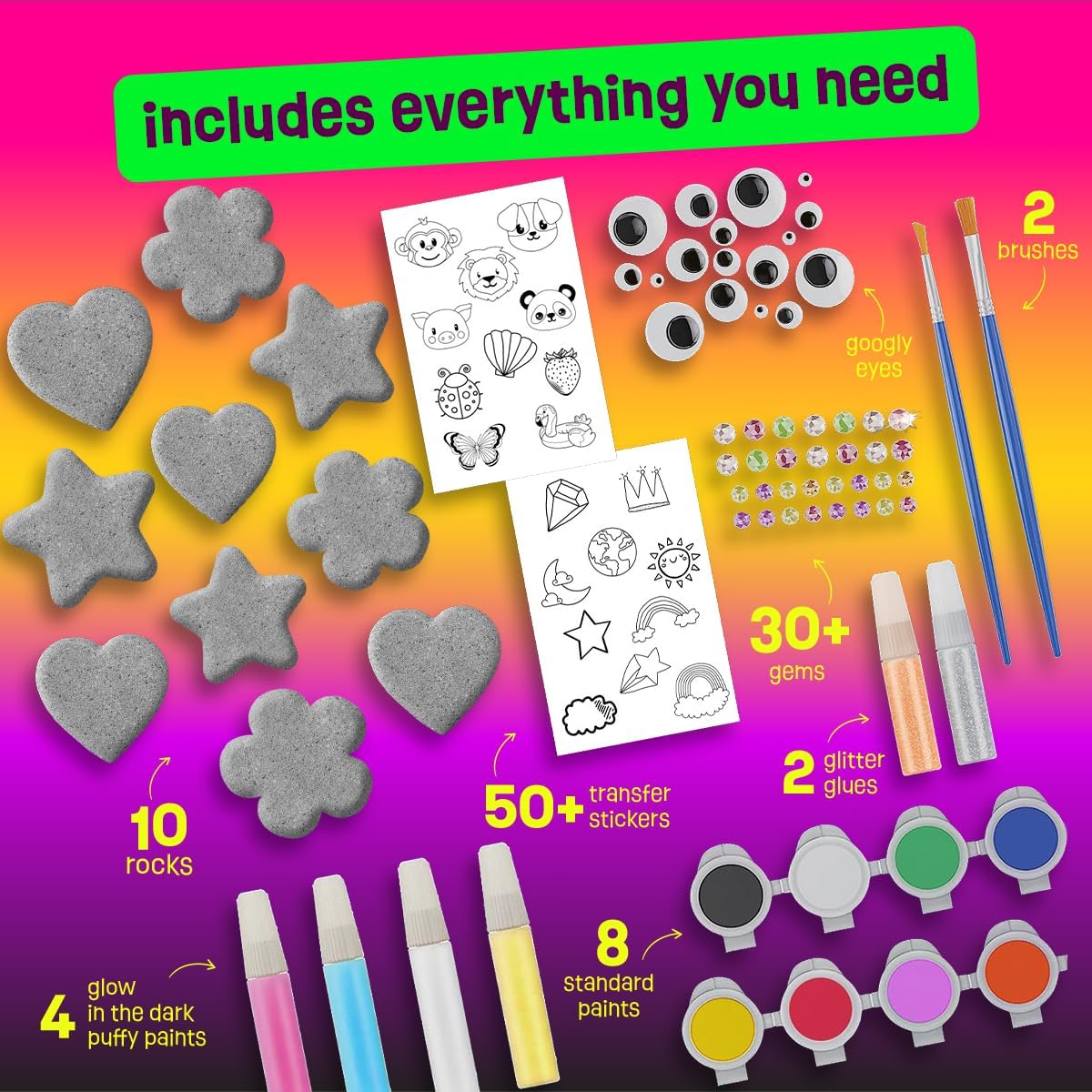 Kids Ages 6-12 -Heart, Flower &#x26; Star Shaped Rocks - Glow in The Dark Rock Painting Kit