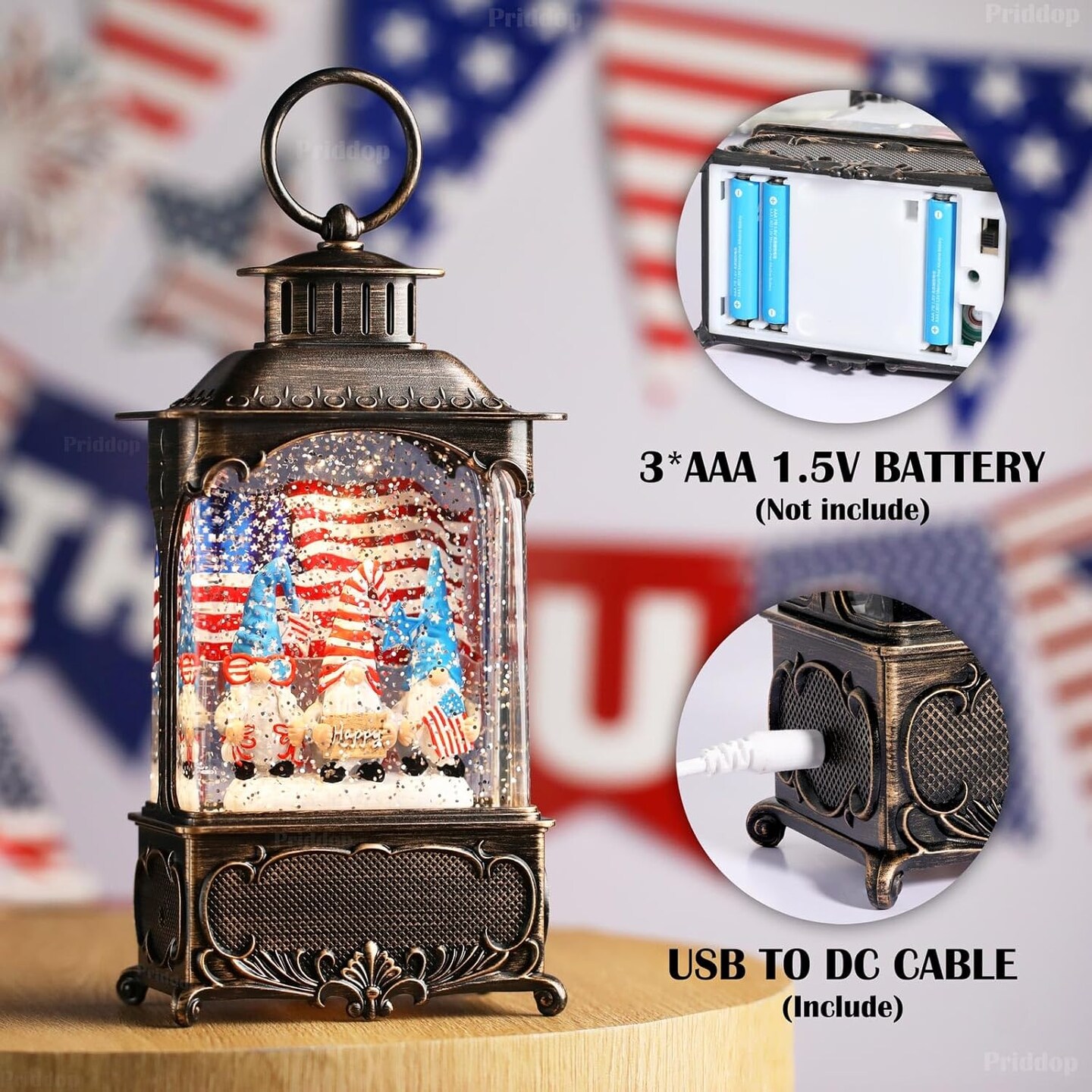 Gnome Snow Globe Lantern 4th of July Decorations with Timer, USB and Battery Powered
