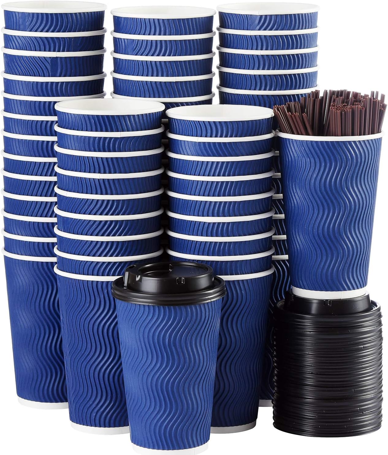 Disposable Coffee Cups with Lids and Straws - 16 oz (90 Set)