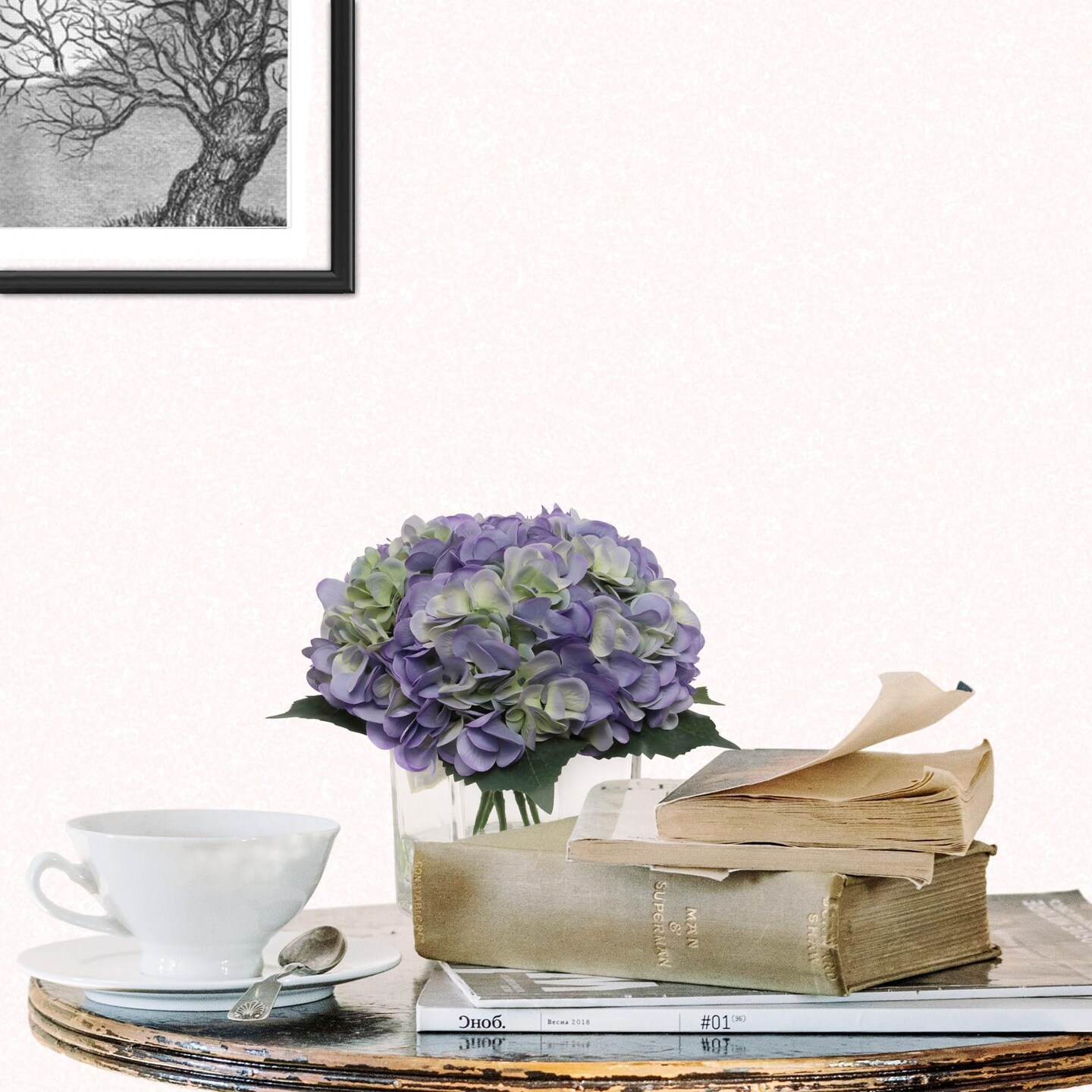 3-Pack Periwinkle Faux Hydrangea Arrangements in Glass Vases – Realistic Water Look – Silk Floral Décor for Living Room, Office, Events