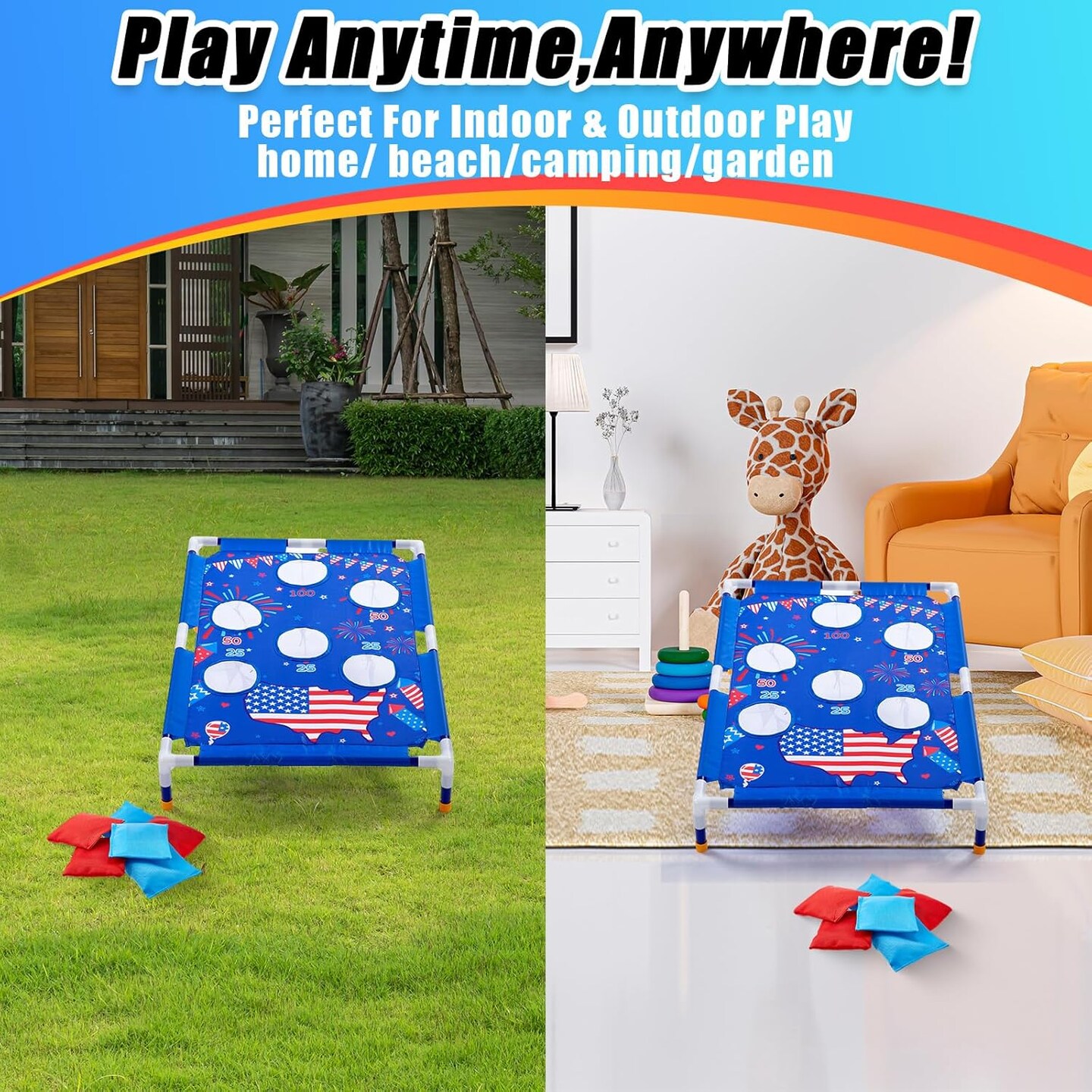 4th of July Bean Bag Toss Games with 6 Bean Bags American Flag Portable PVC