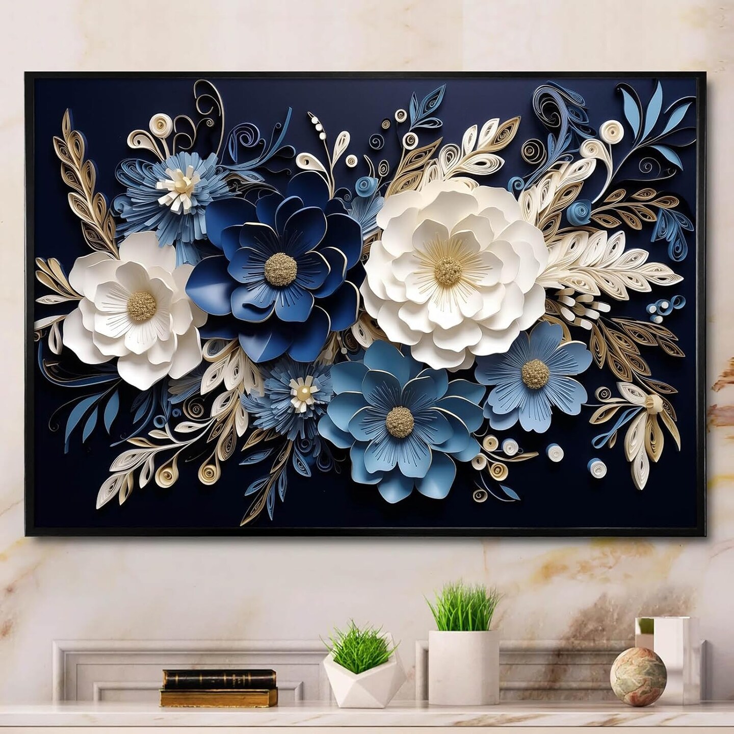 Navy Blue and White Canvas Wall Art 3D Blue White Textured Abstract Art (16x24inch Frameless)