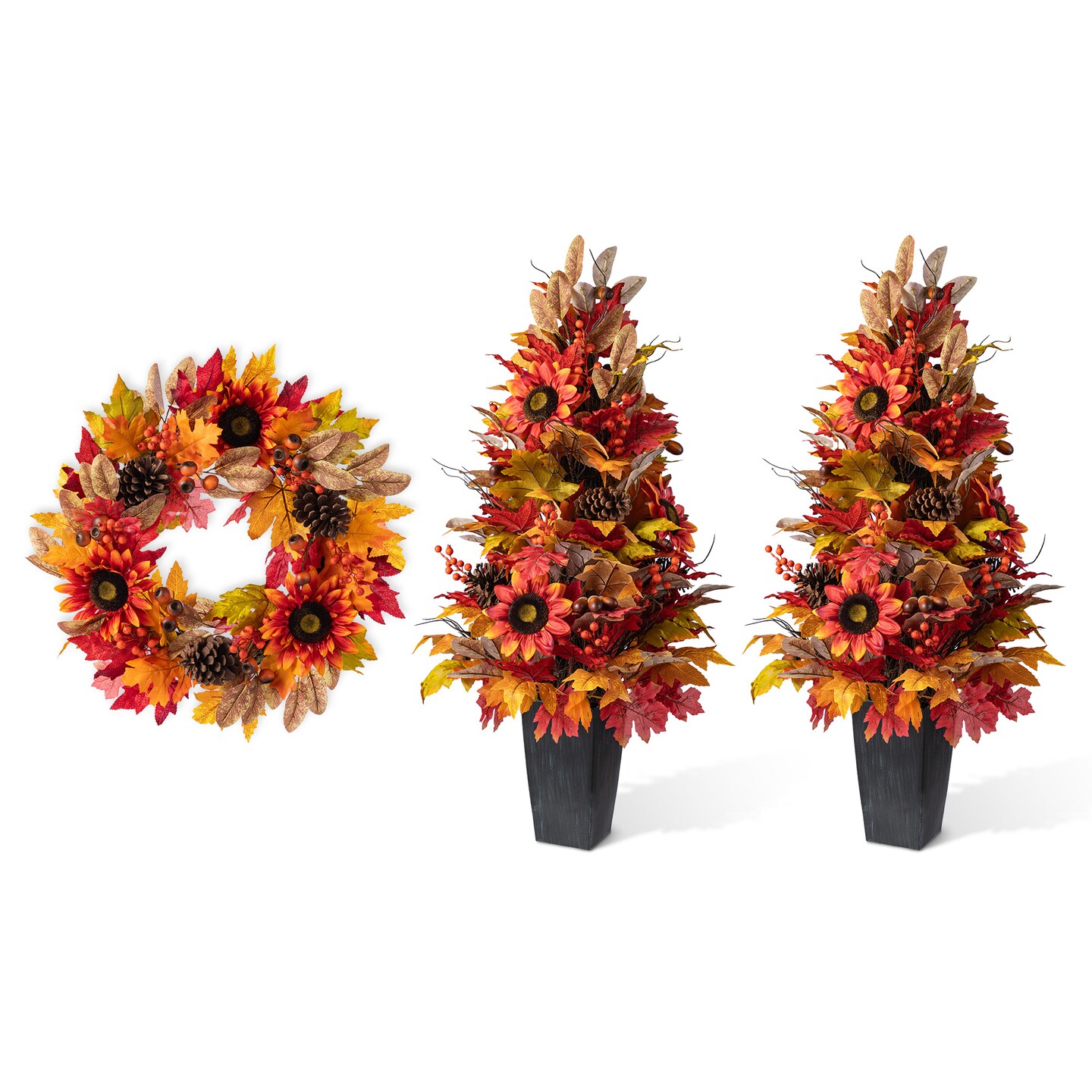 Fall Sunflower Pinecone and Berry 36&#x22;H Porch Tree &#x26; 24&#x22;D Wreath