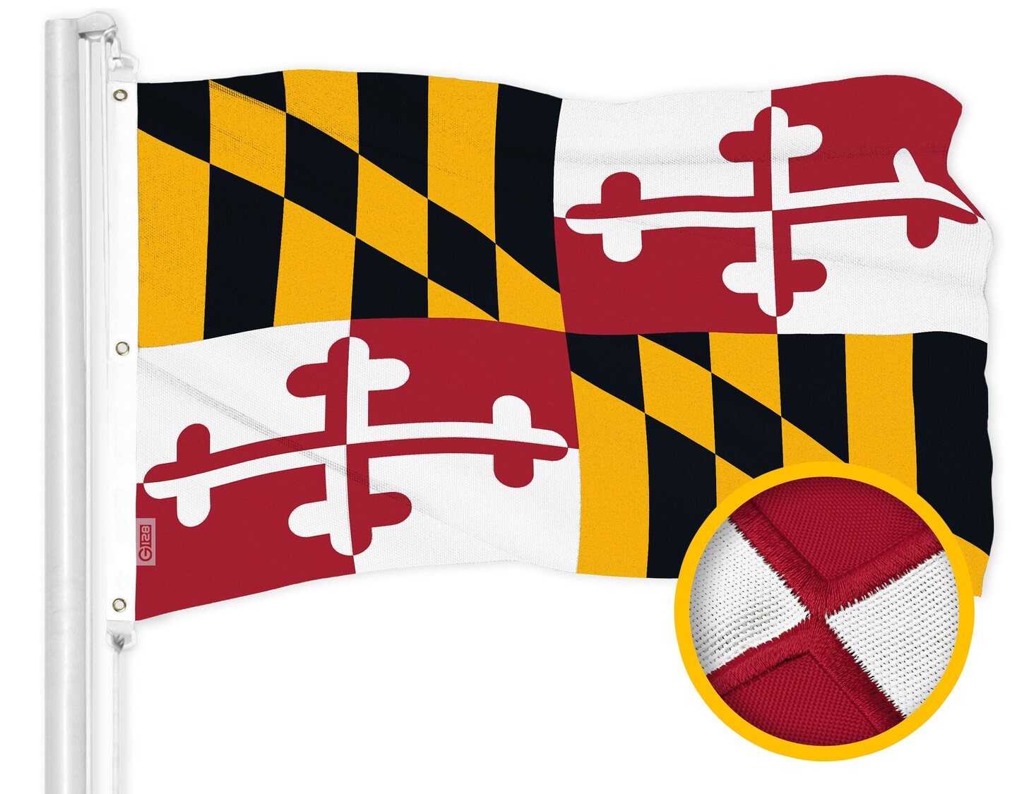 G128 Maryland MD State Flag | 5x8 Ft | ToughWeave Series Embroidered 600D Polyester | Embroidered Design, Indoor/Outdoor, Brass Grommets