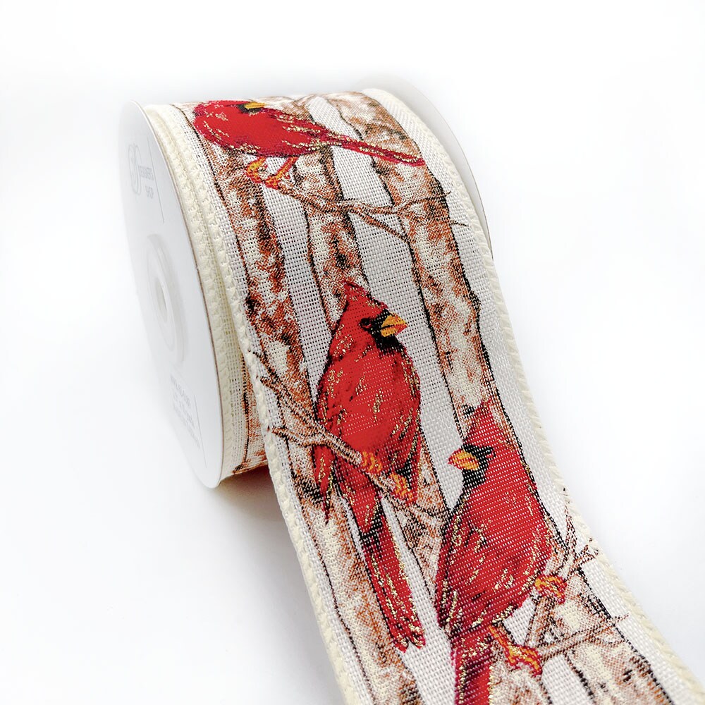 Designer’s Shop WR 63-5189 Holiday Woodland Glitter Cardinals Wired edge ribbon 2.5” x 10 yard