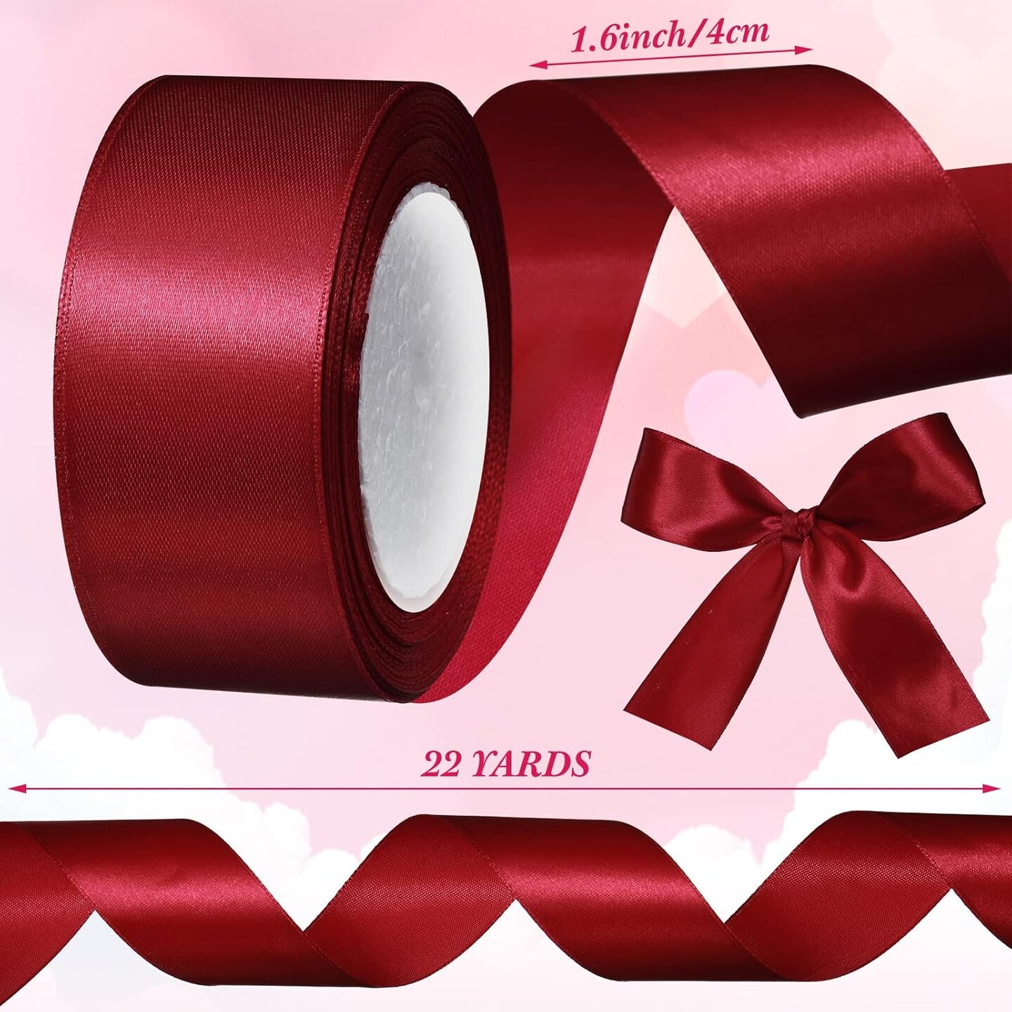 2 Rolls Burgundy Ribbon 50 Yards 1.5 Inches Wide Double Faced Polyester Solid Satin Ribbon