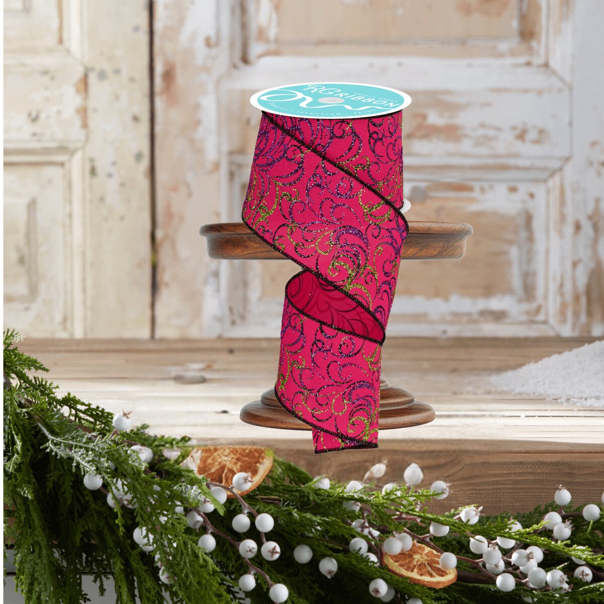 2.5&#x22; Multi Swirls Glitter Ribbon: Hot Pink/Lime/Black (10 Yard)