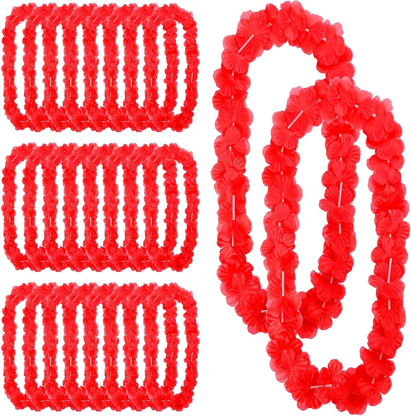 24 Counts Hawaiian Leis Necklace Tropical Flower Lei Floral Luau Party Decorations(Red)
