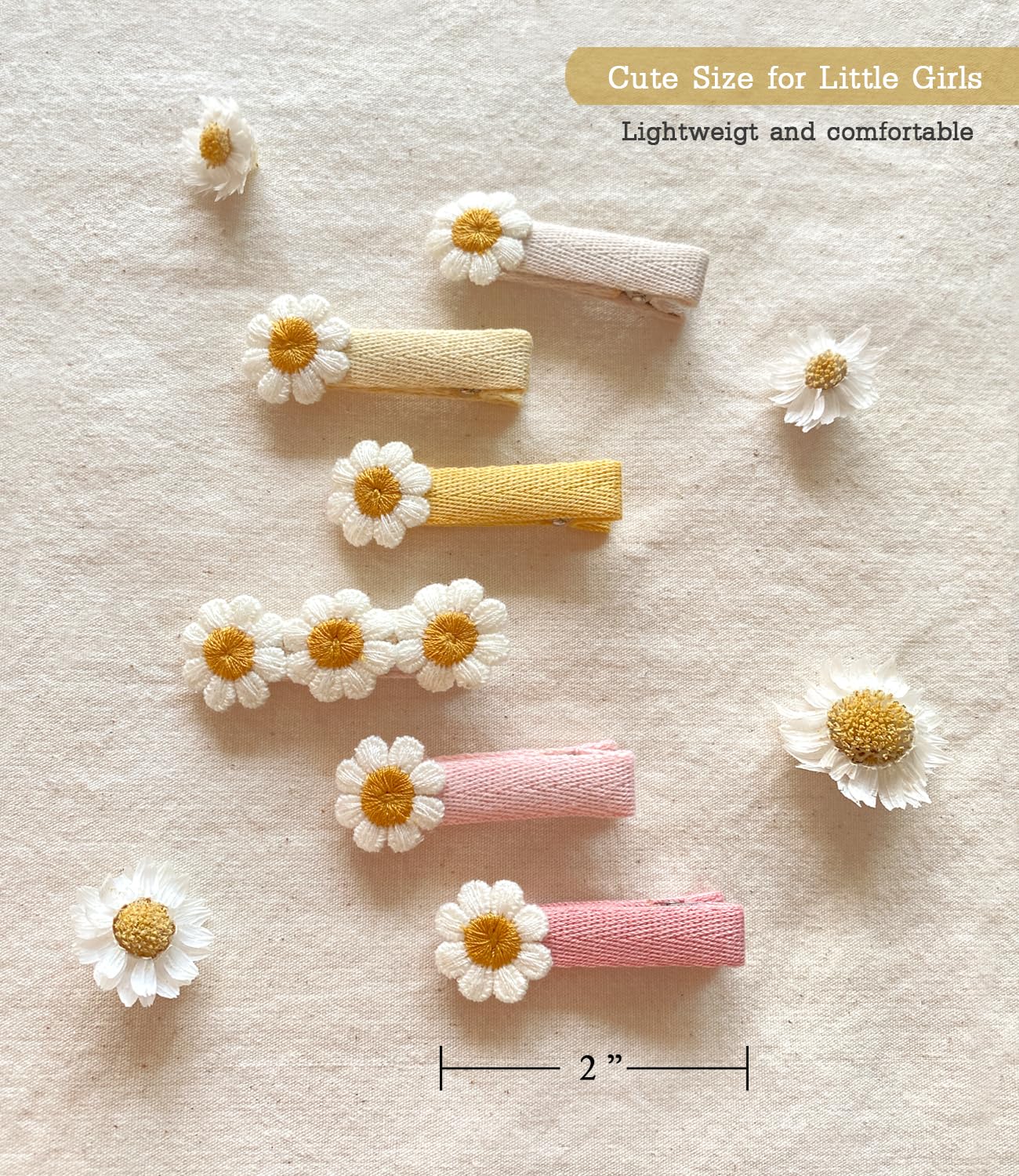 2" Daisy Flowers Hair Clips for Girls, 12 Pcs Cotton Fully Lined Alligator Clips